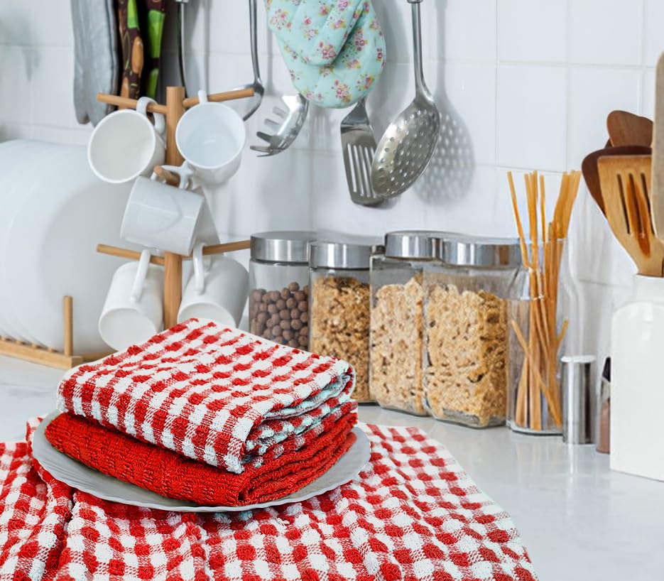 Casabella Pack of 6 Terry Cotton Kitchen Tea Towels - Highly Absorbent Dish & Bar Towels | Red 2