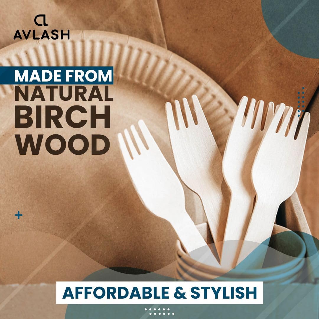 AVLASH Biodegradable Wooden Forks - 100 Pack, Plastic Free, 6.25 Inch | Birchwood Cutlery 5