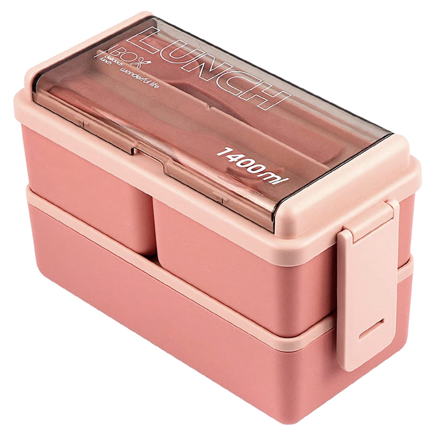 Lychico 1400ml Bento Box - 2 Layer Stackable Lunch Box with Spoon & Fork | Pink 1