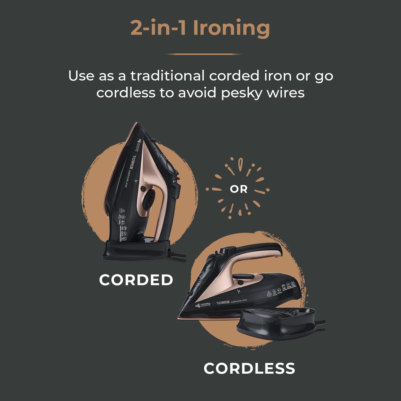 Tower T22008RG CeraGlide Cordless Steam Iron | 2400W Power | Ceramic Soleplate | Cord/Cordless 3