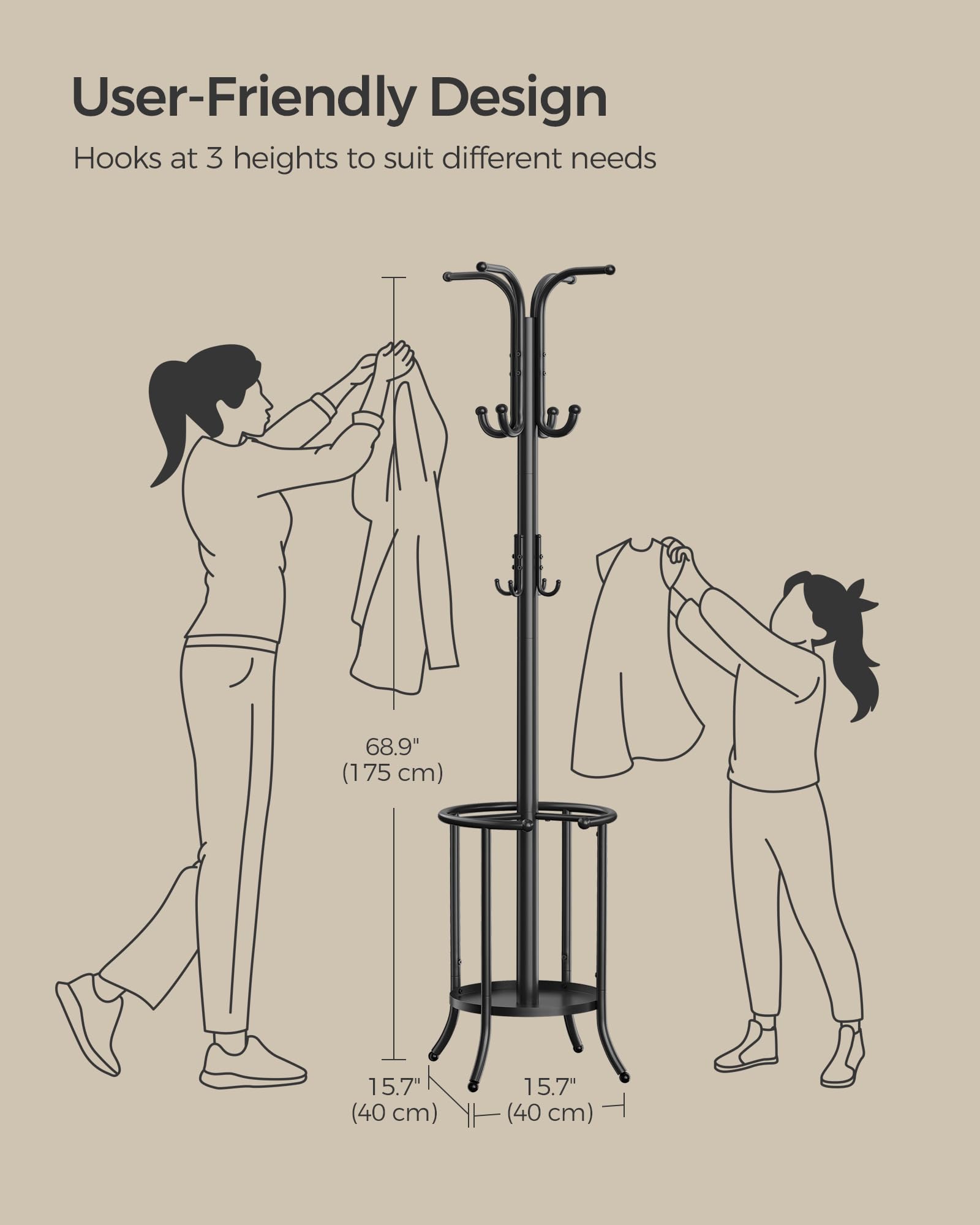 SONGMICS Freestanding Coat Rack with Umbrella Holder | 12 Hooks | Metal | Black 6