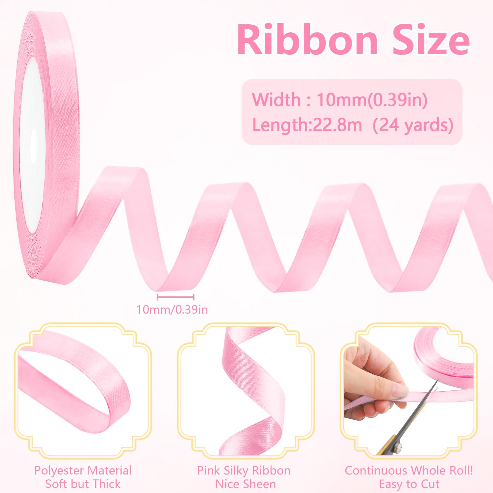 MOXYOY Pink Satin Ribbon - 10mm Wide, 22.8m Length | Polyester Fiber for Gift Wrapping & Crafts
