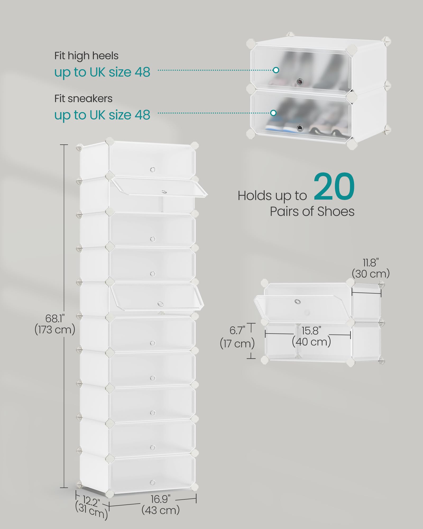 SONGMICS Boltless Shoe Rack - 10 Tiers DIY Modular Storage | Holds 20 Pairs | White 3