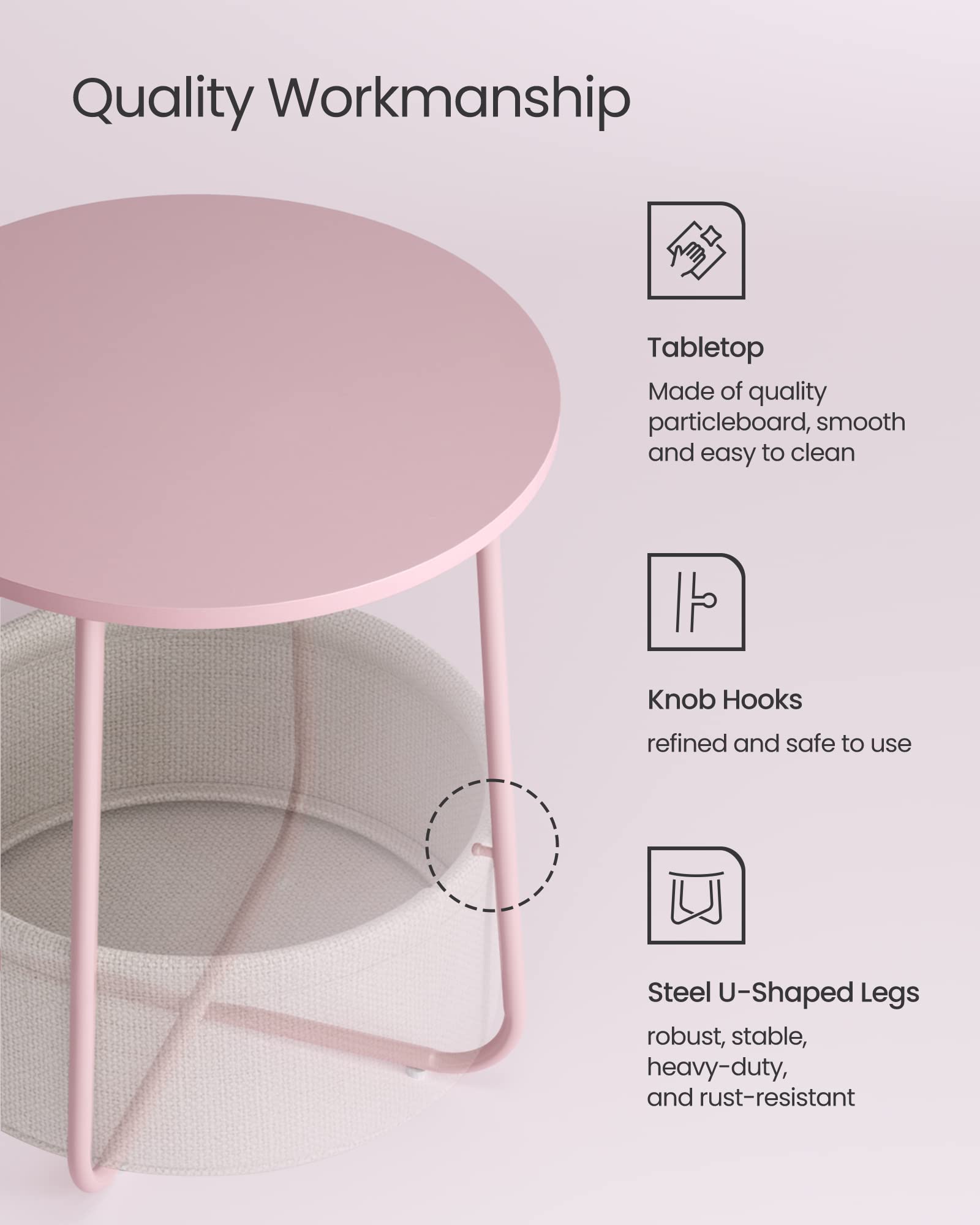 VASAGLE Round End Table with Fabric Basket - Pastel Pink & Cloud White | 45 x 50 cm 5