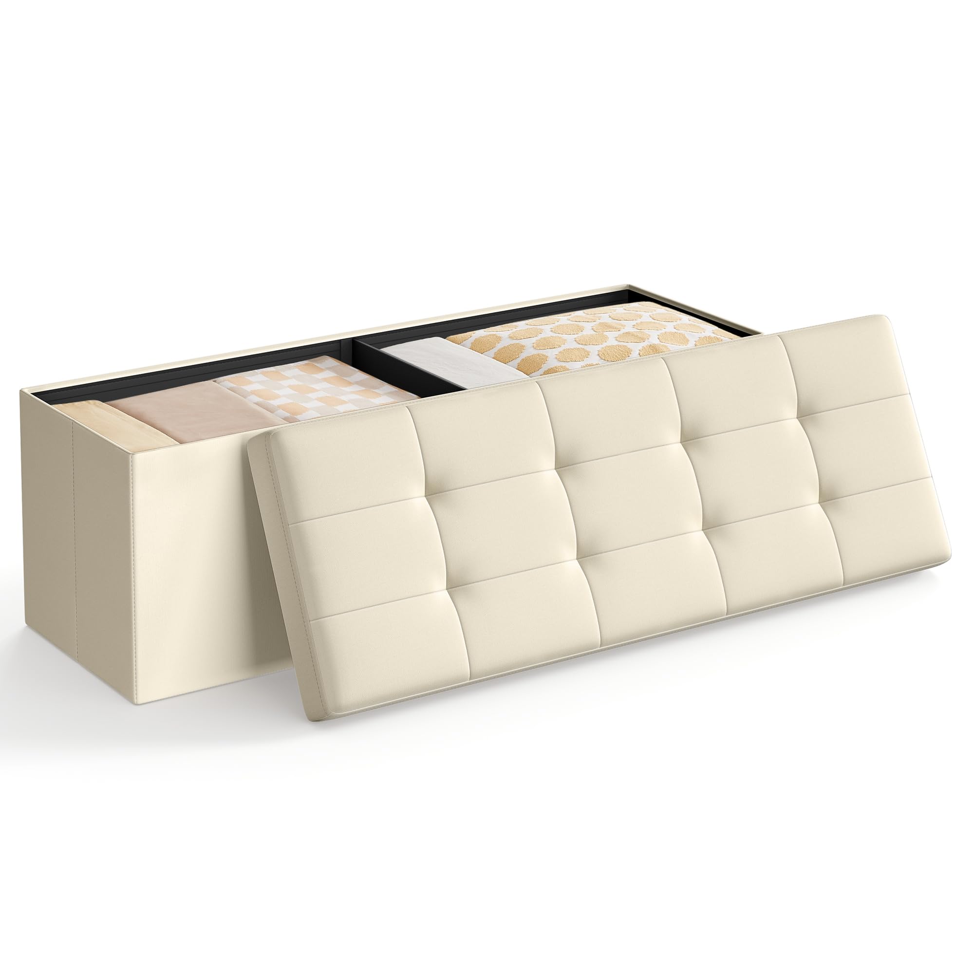 SONGMICS MAZIE Storage Ottoman Bench - 110 cm Folding Foot Rest | 300 kg Capacity | Cream White 1