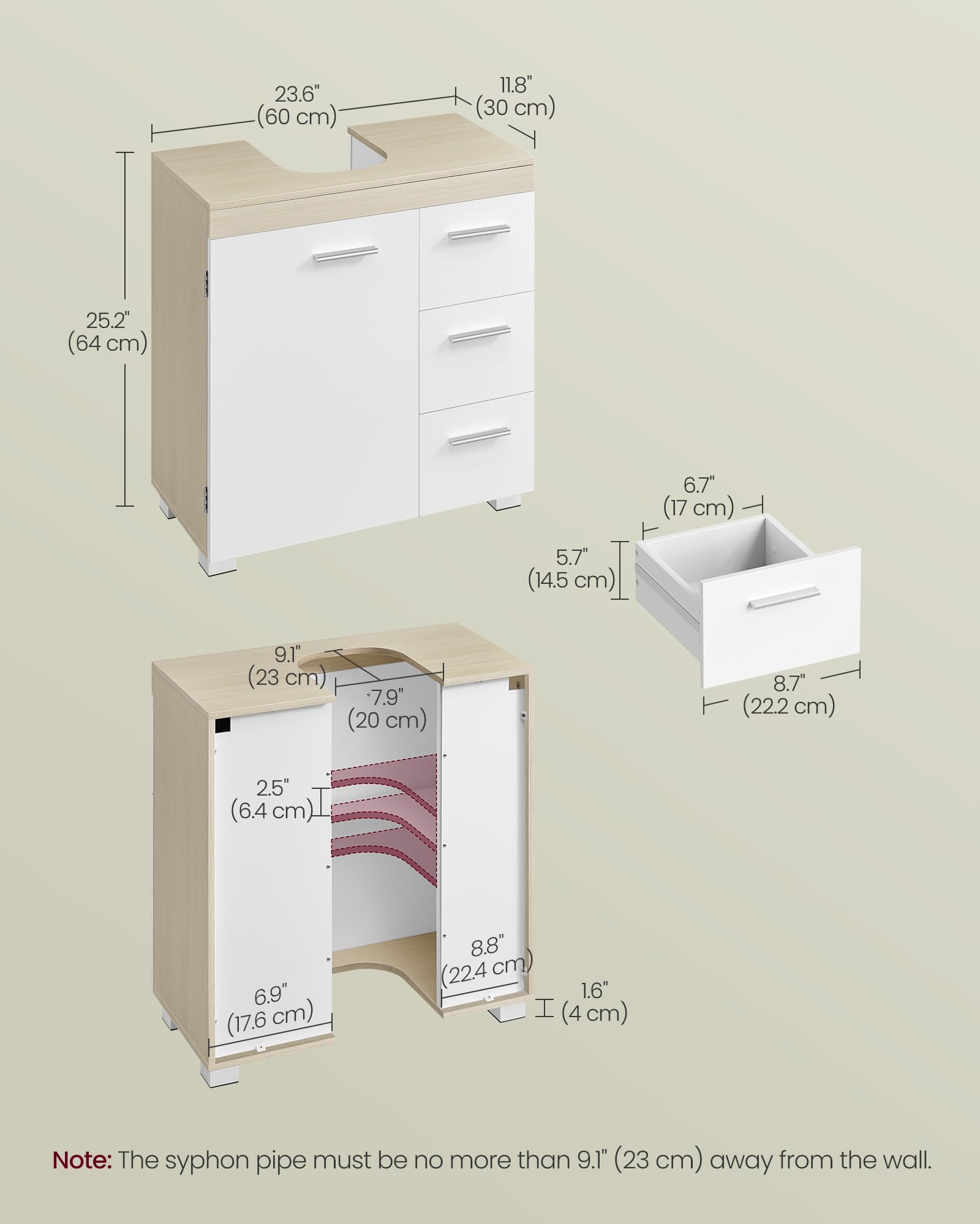 VASAGLE Under Sink Bathroom Cabinet - 3 Drawers, Adjustable Shelf | Cloud White + Natural Beige 3