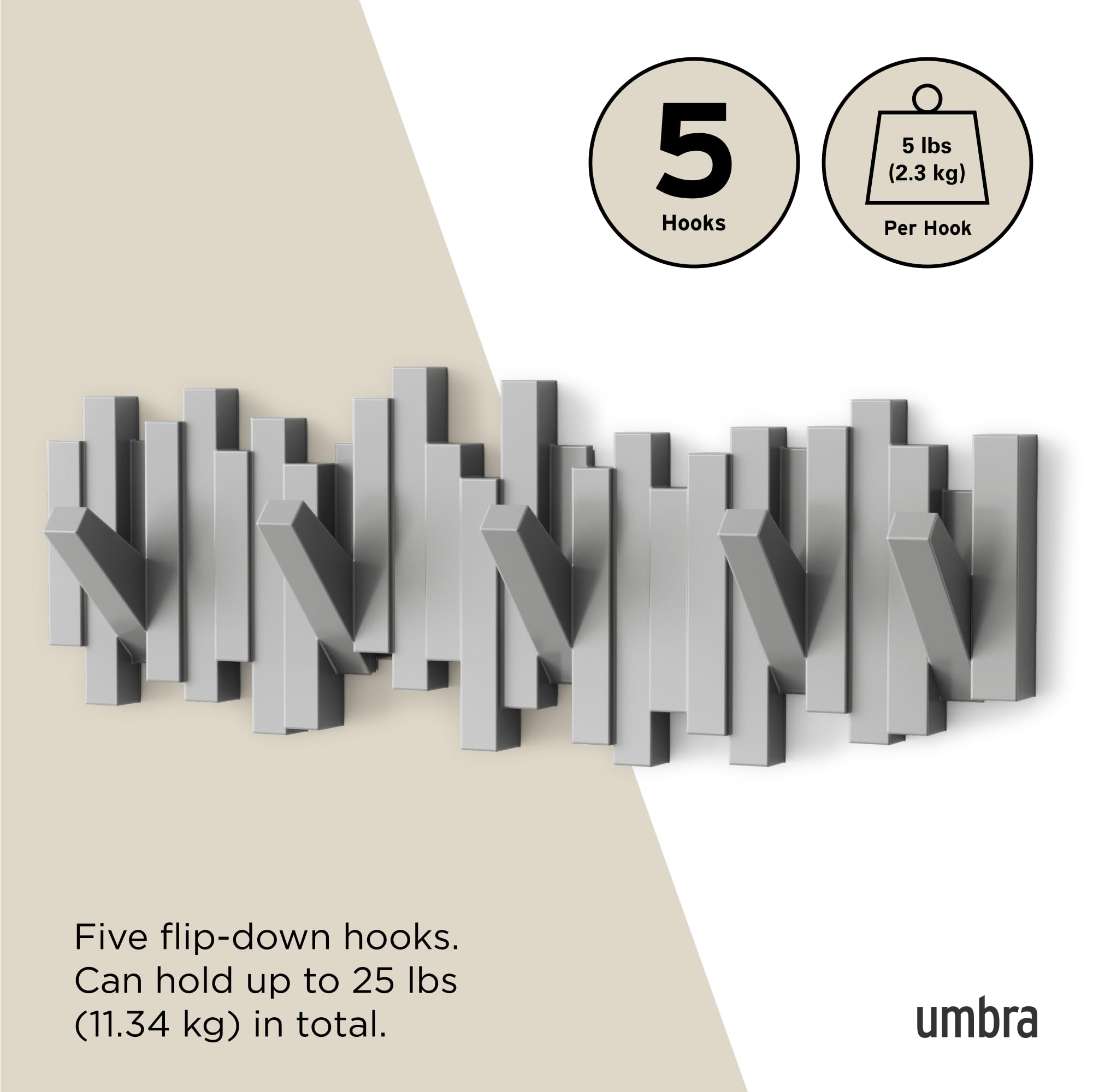 Umbra Sticks Wall-Mounted Coat Rack Rail Hook - 5 Retractable Pegs | Grey Plastic | Modern Design 5