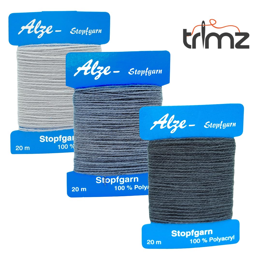 Trimz Darning Wool Bundle Monochrome - 3 x 20m Polyester Yarn for Mending | Light/Mid/Dark Grey 5