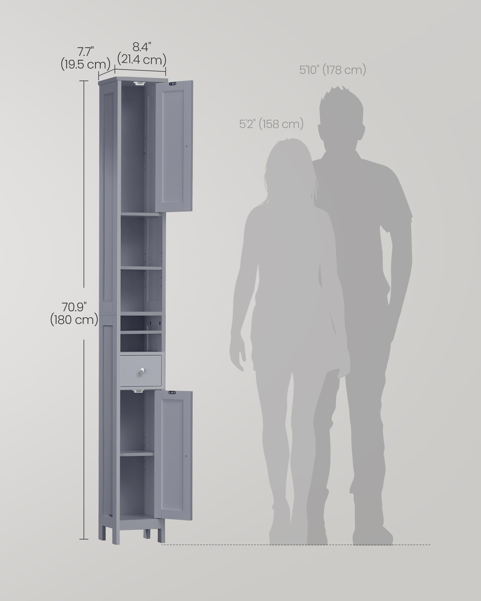 VASAGLE Tall Bathroom Cabinet - Slim Freestanding Storage | Dove Grey | 180 cm Height 3