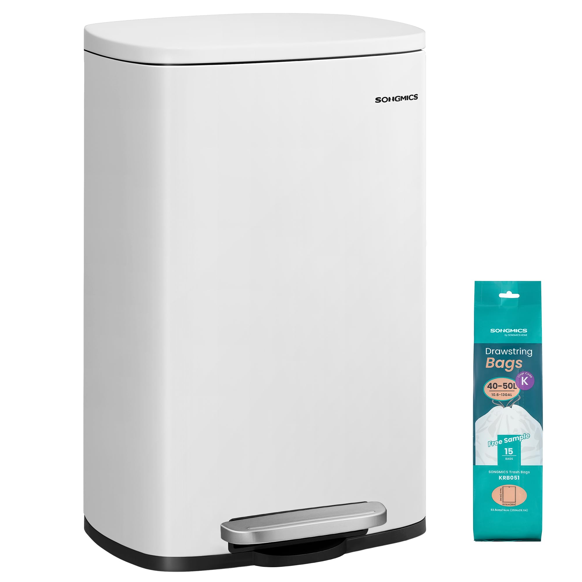 SONGMICS Kitchen Bin 50 L Pedal Rubbish Bin | Soft Close | Steel Exterior | White LTB101W01 1