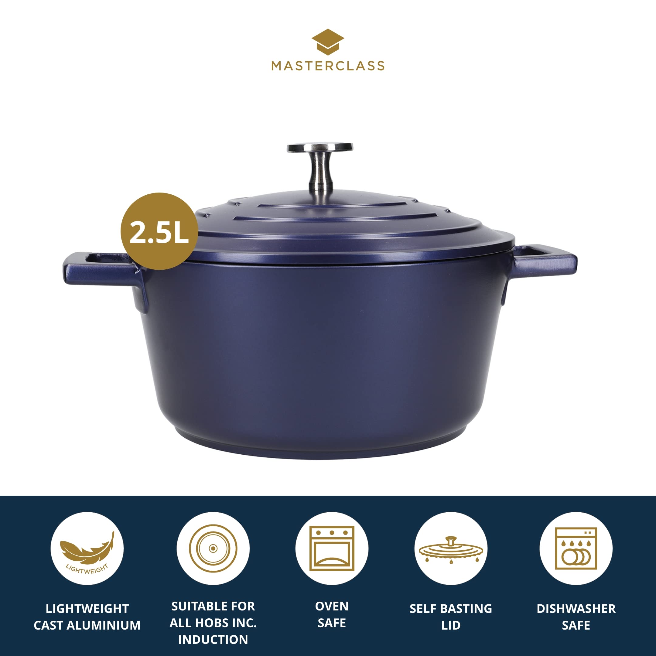 MasterClass Cast Aluminium Casserole Dish - Lightweight, Induction Compatible | 20cm, 2.5L, Blue 3