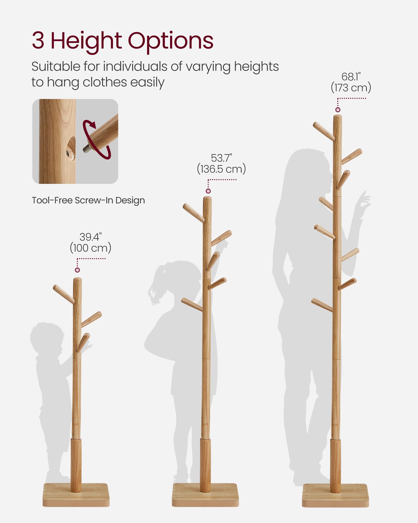 VASAGLE Solid Wood Coat Rack - Freestanding Hall Tree | 3 Height Options | 24 kg Capacity 6