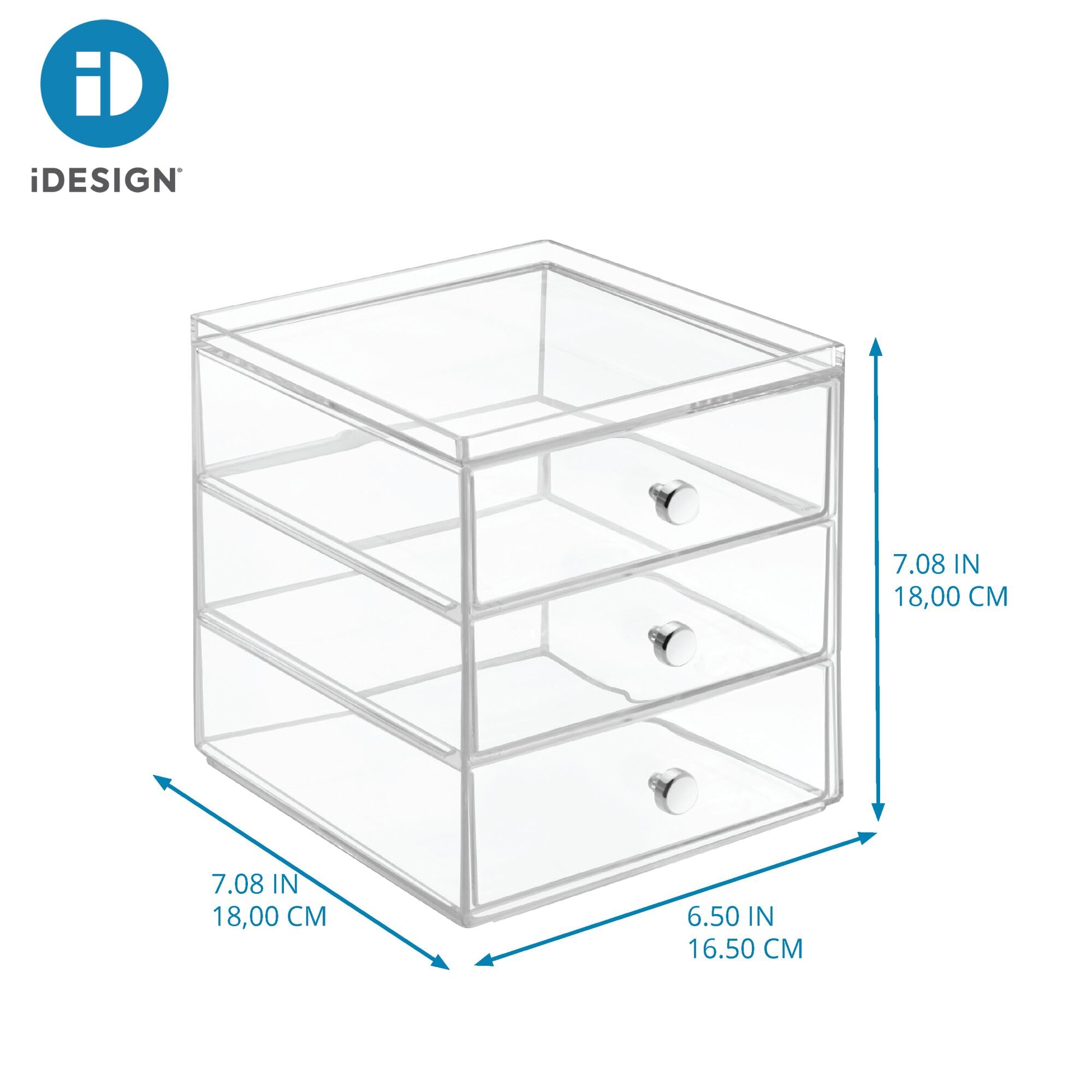 InterDesign Makeup Organiser with Three Drawers - Compact Plastic Storage for Cosmetics & Jewelry | Transparent 3