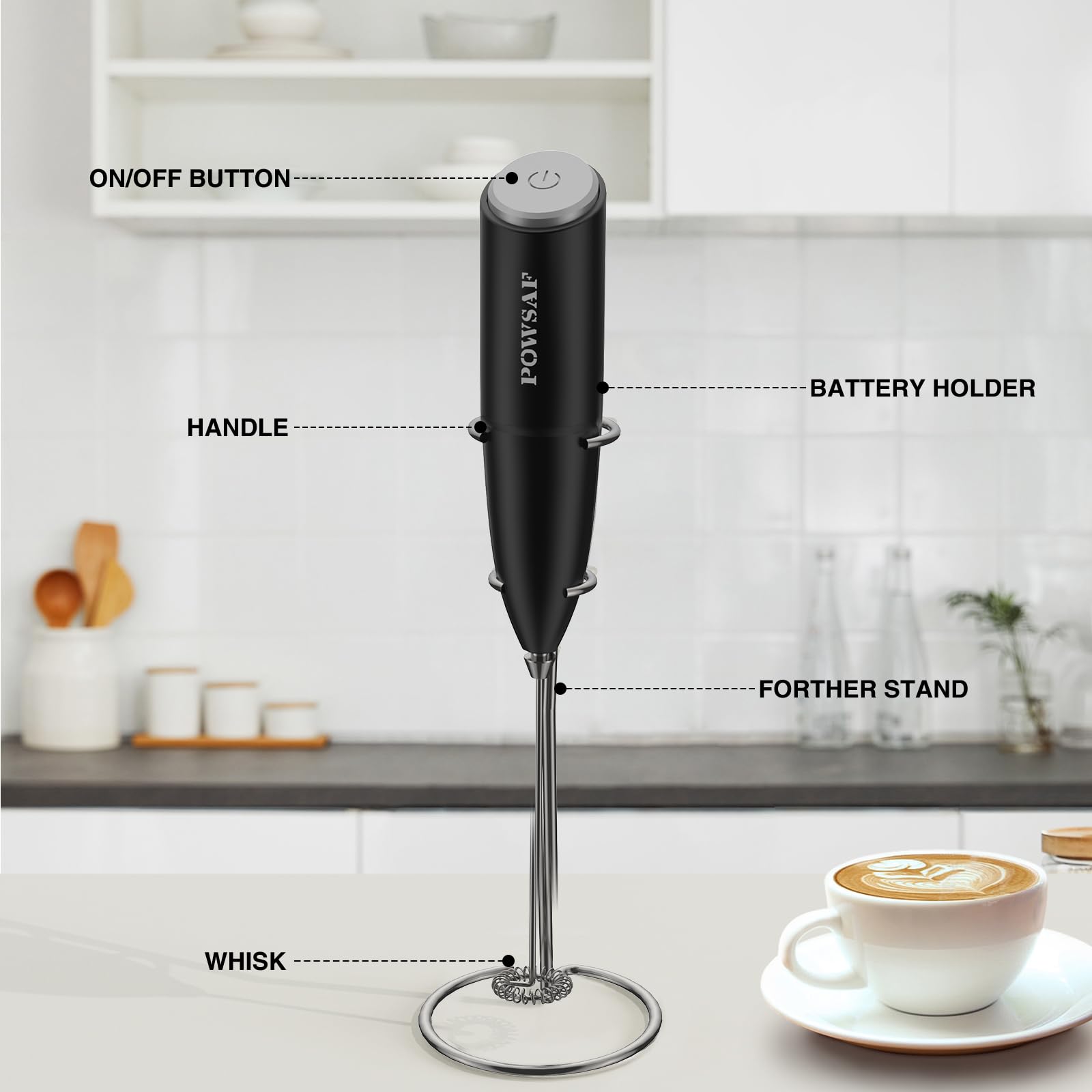 POWSAF Handheld Milk Frother Wand for Coffee with Stand | Battery-Powered | Stainless Steel Whisk 5