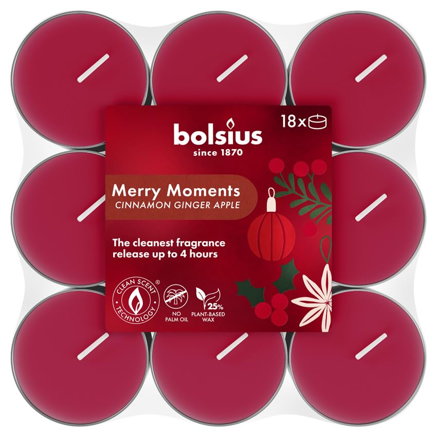 BOLSIUS Merry Moments Scented Tealights - Cinnamon, Ginger & Baked Apple Scent | 4 Hour Burn Time
