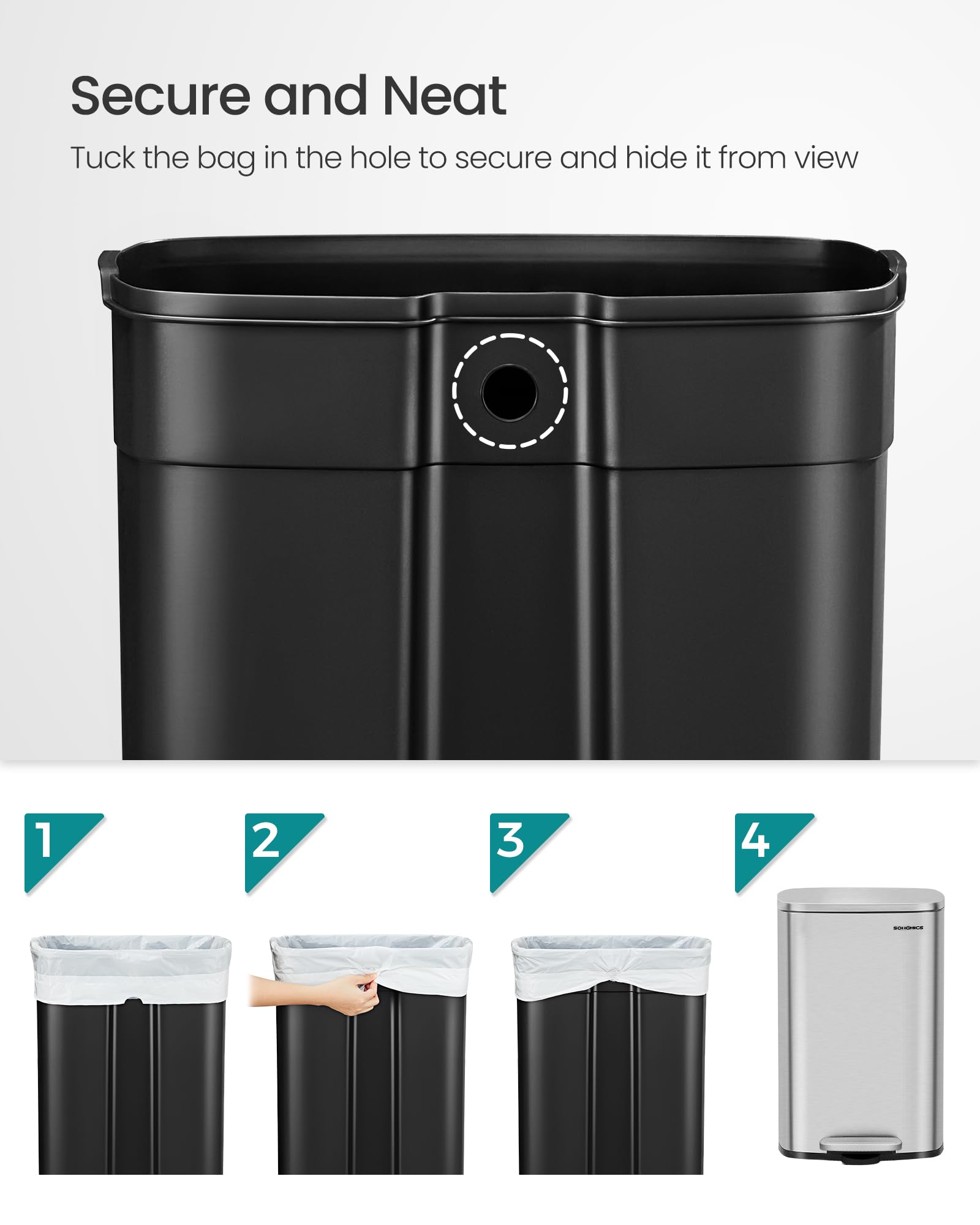 SONGMICS Kitchen Bin 50 L Pedal Rubbish Bin | Soft Close | Steel | Silver LTB050E01 5
