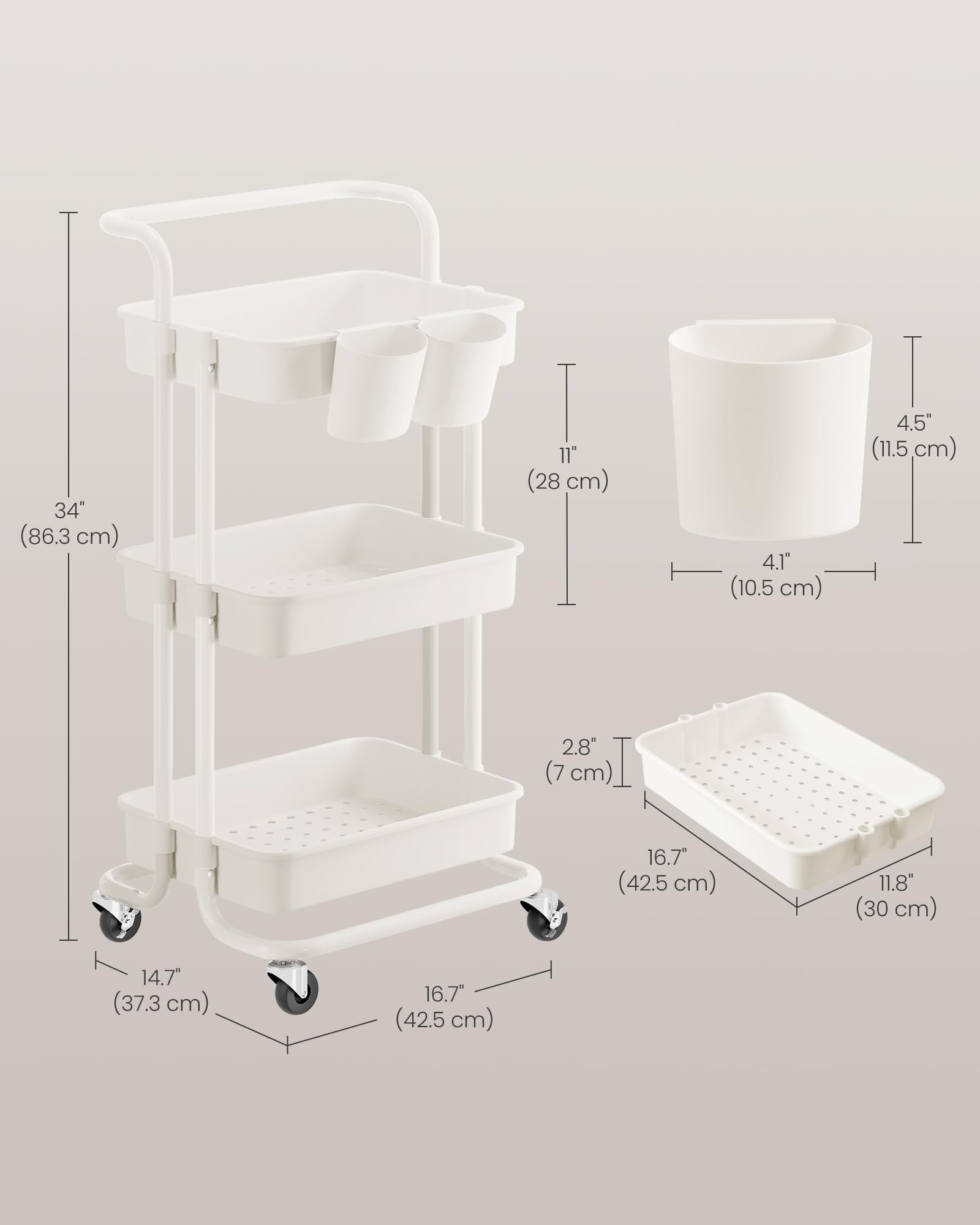 SONGMICS 3-Tier Rolling Storage Cart with Handle | Plastic Alloy Steel | White 7