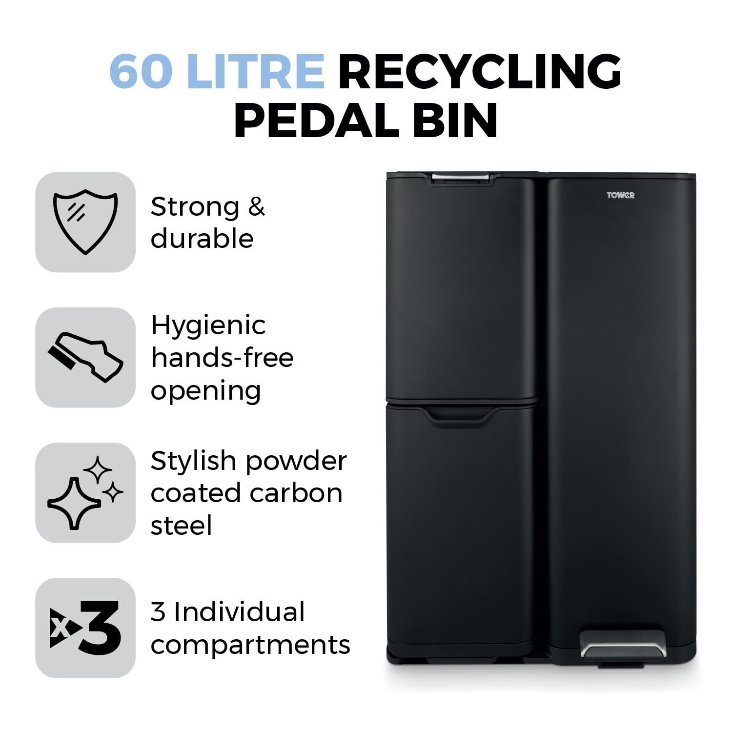 Tower Recycling Pedal Bin - 60L Capacity | 3 Compartments | Carbon Steel 2