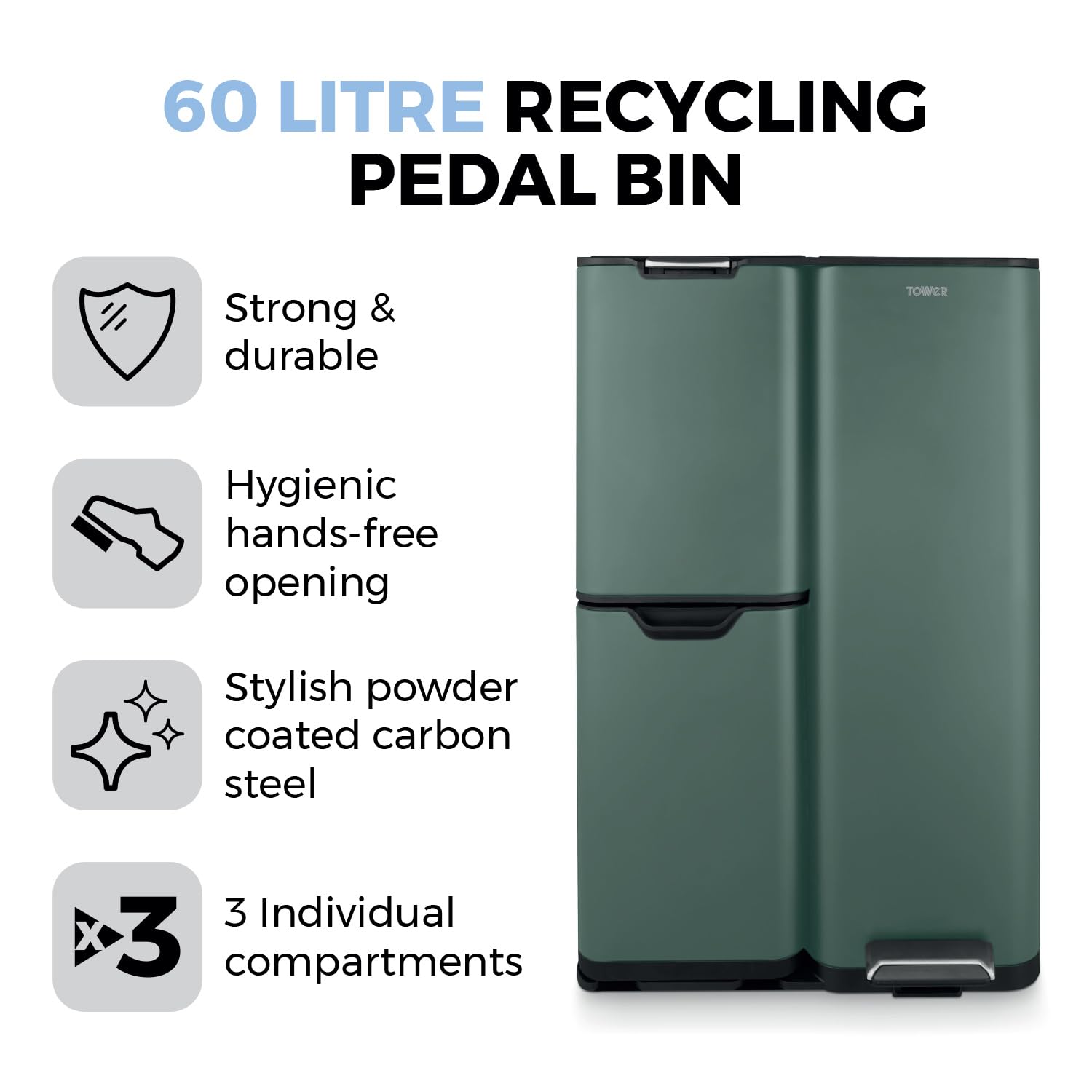 Tower Recycling Pedal Bin - 60L Capacity | 3 Compartments | Carbon Steel | Forest Green 2