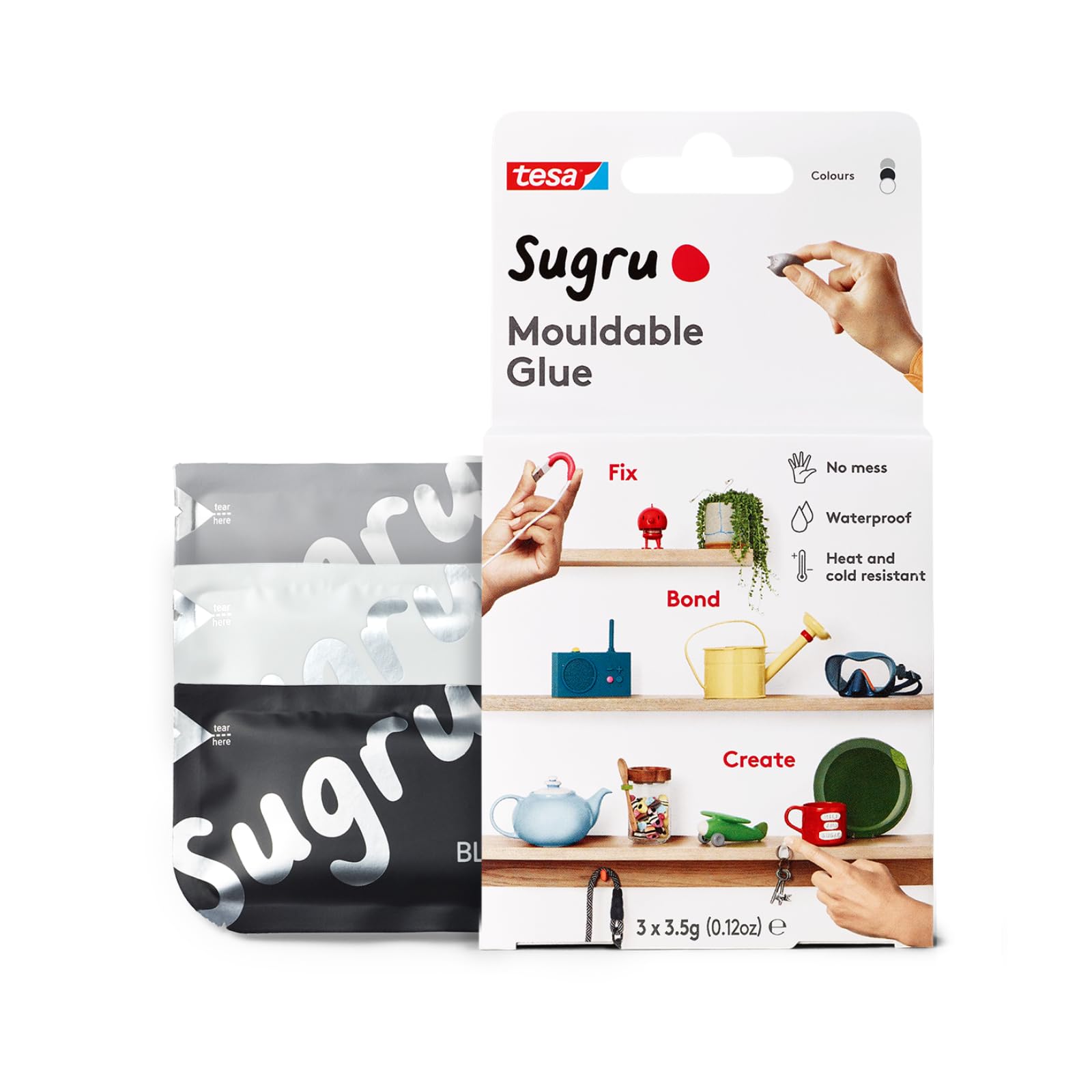 tesa Sugru Moldable Multi-Purpose Glue - 3 Pack (Black, White, Grey) | Strong Silicone Putty 1