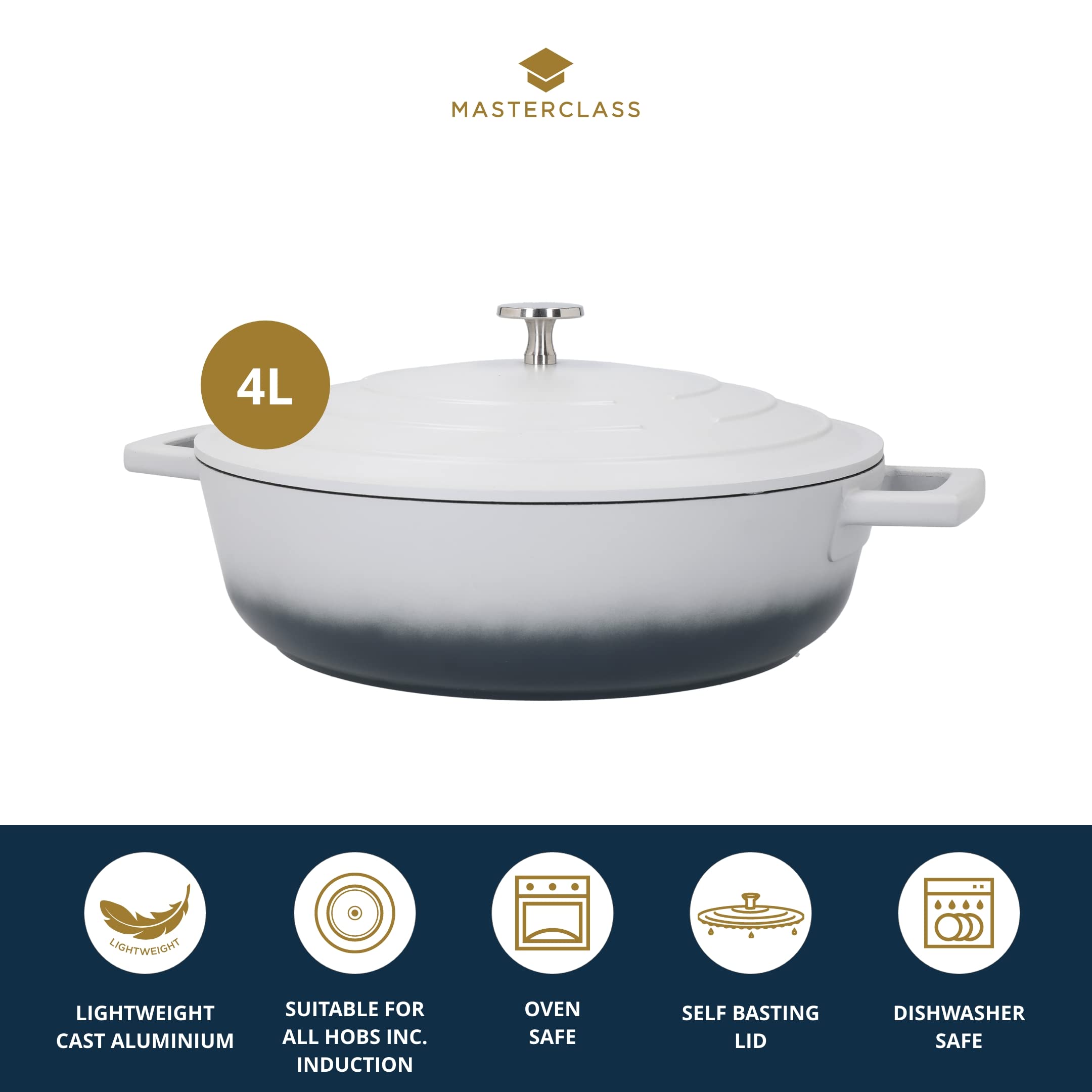 MasterClass Cast Aluminium Shallow Casserole Dish - 28cm, 4L Capacity | Hob to Oven | Grey Ombre 2