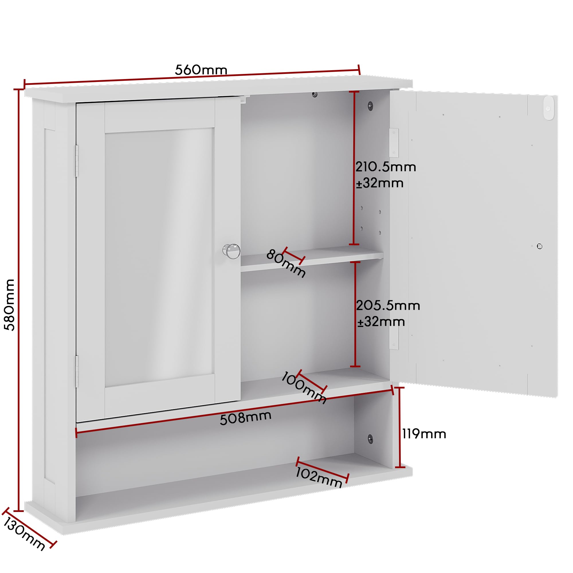 Bath Vida Priano Double Door Mirrored Bathroom Cabinet - White Wood, H 58 x W 56 x D 13 Cm