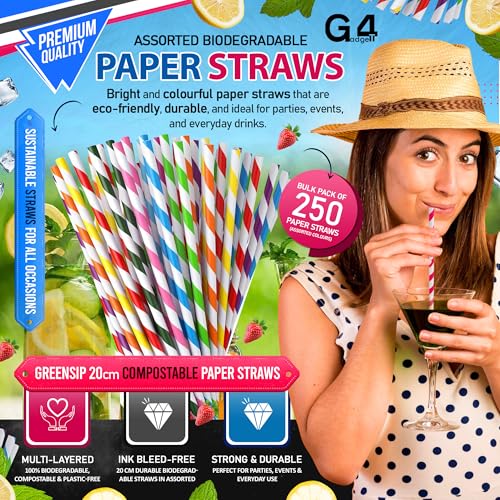 G4GADGET 250-Pack Assorted Biodegradable Paper Straws - Sturdy, Multi-Colored for Drinks & Crafts