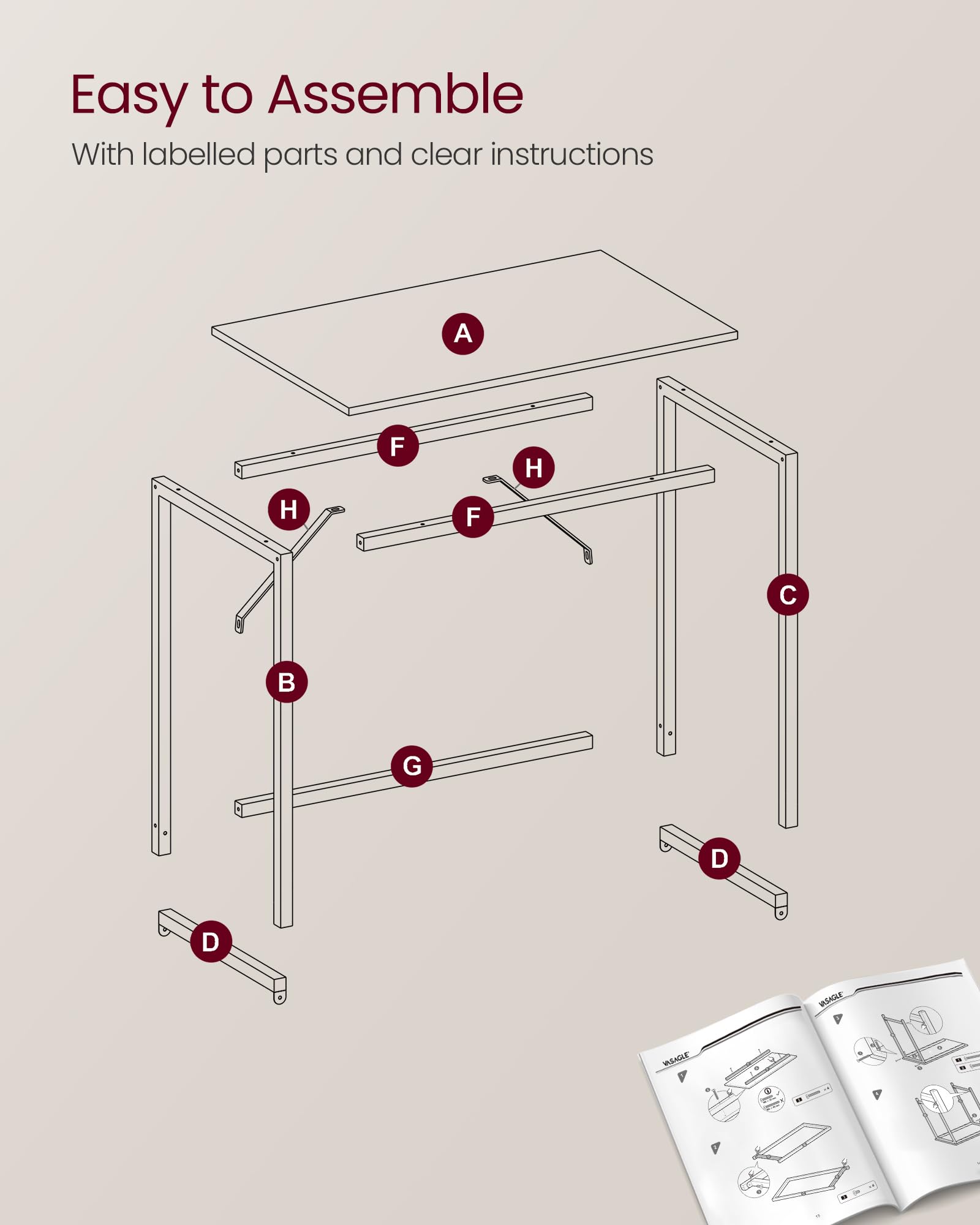 VASAGLE Computer Desk - 80 x 50 cm Workspace | Natural Oak & Pearl White | Max 50kg Load 7