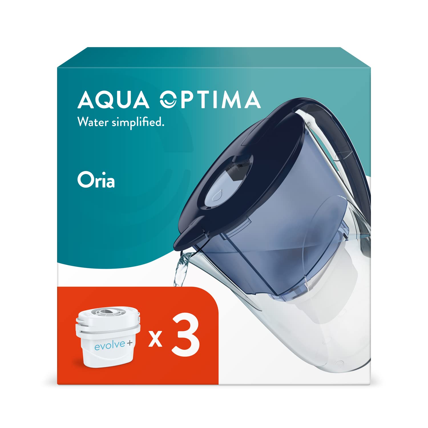 Aqua Optima Oria Water Filter Jug - 2.8L Capacity, Reduces Microplastics, Chlorine & Limescale | Includes 3 Evolve+ Filters