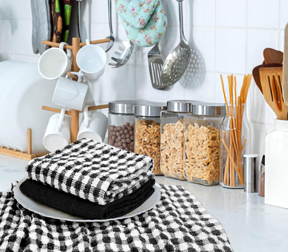 Casabella Pack of 6 Terry Cotton Kitchen Tea Towels - Black | Highly Absorbent | 45x65cm 2