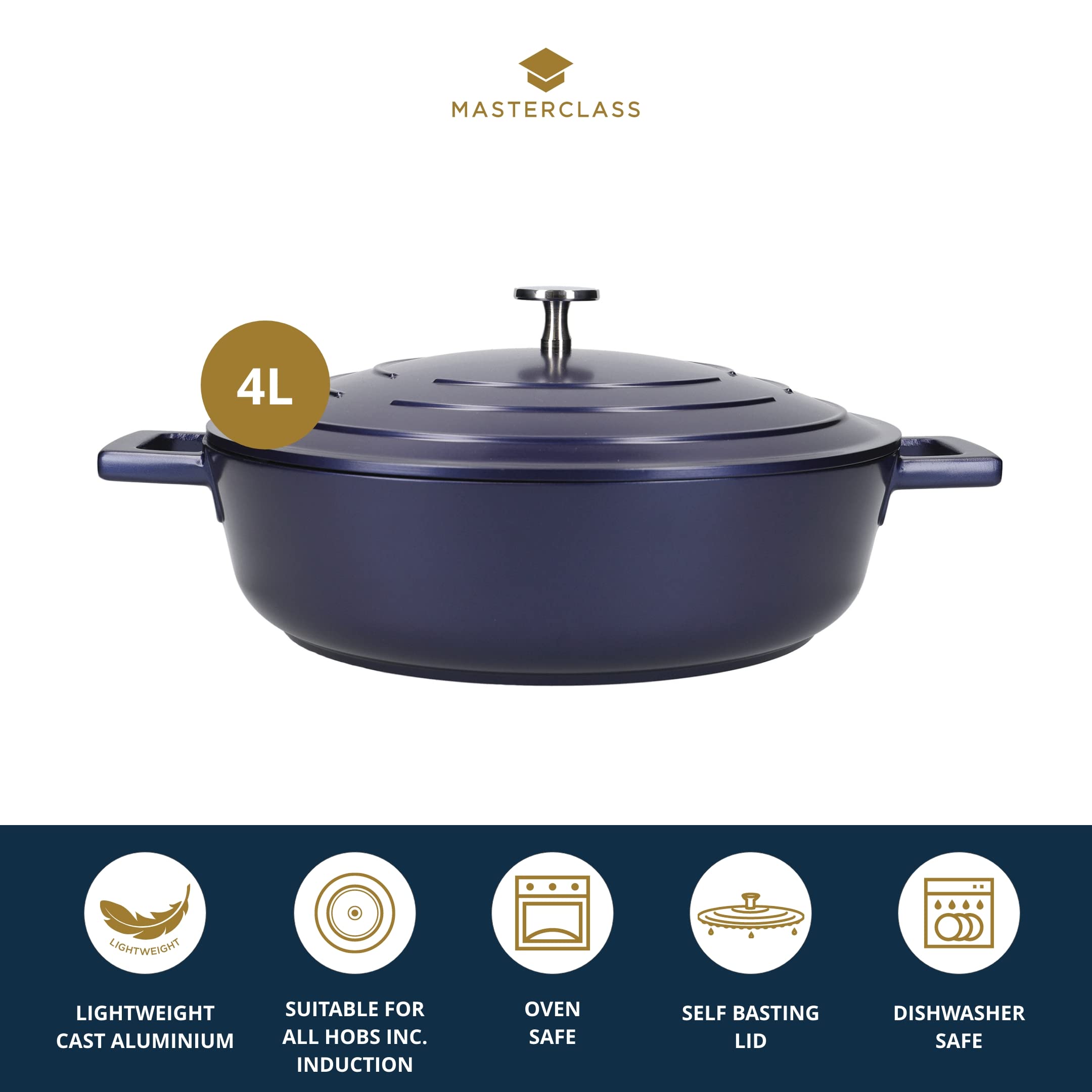 MasterClass Shallow Casserole Dish with Lid - 4 Litre, 28 cm, Lightweight Cast Aluminium, Blue 3