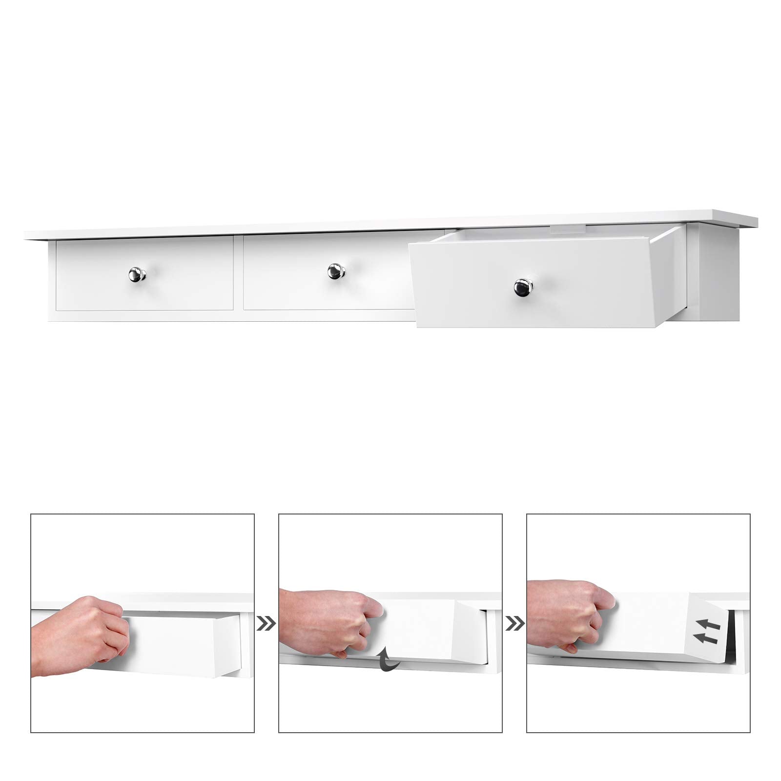 SONGMICS Floating Wall Shelf with 3 Drawers - White | 80 x 15 x 10 cm | Engineered Wood 6