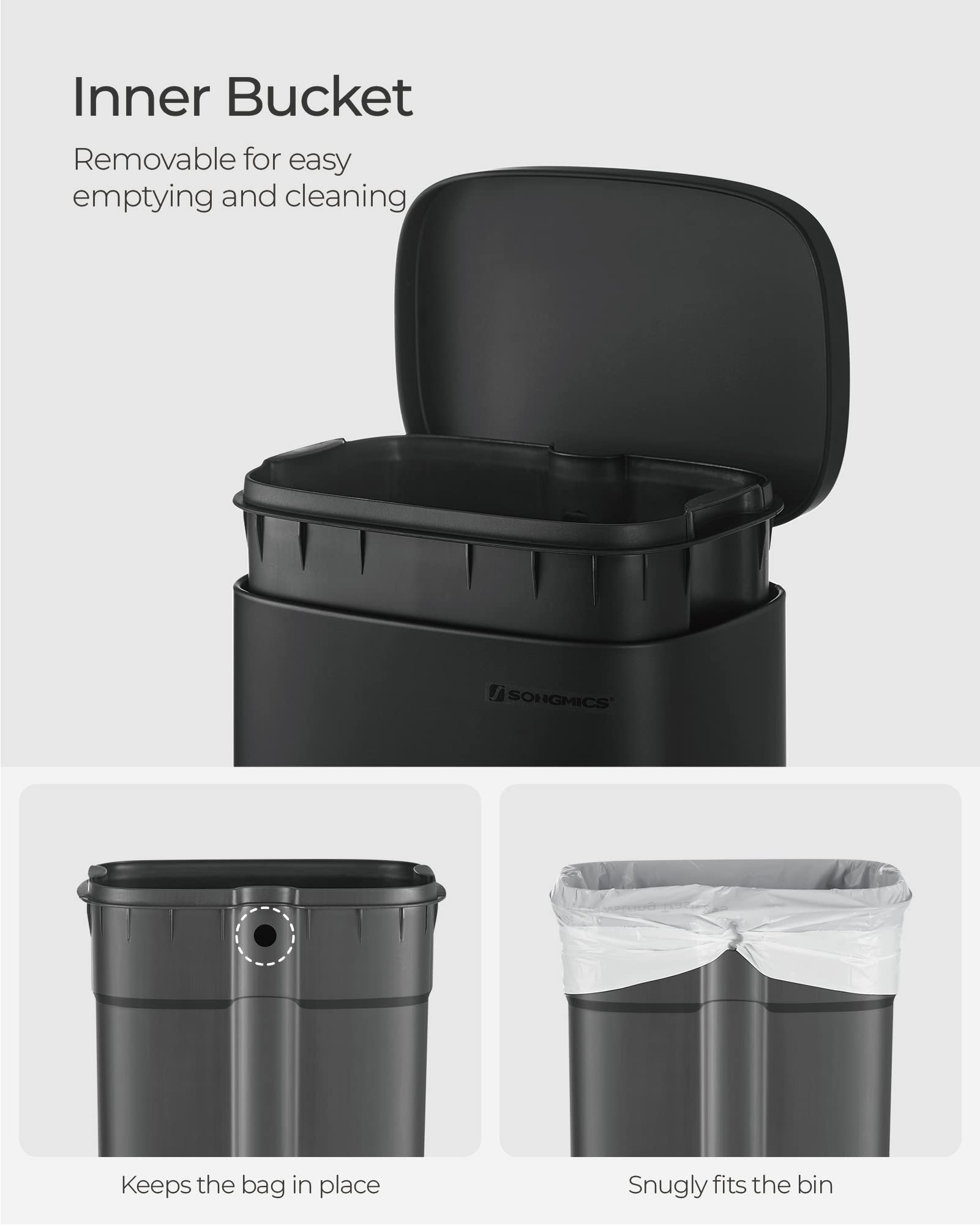 SONGMICS Kitchen Bin 8 Gallon (30 L) Pedal Rubbish Bin | Soft Close | Black Steel LTB03BK 5