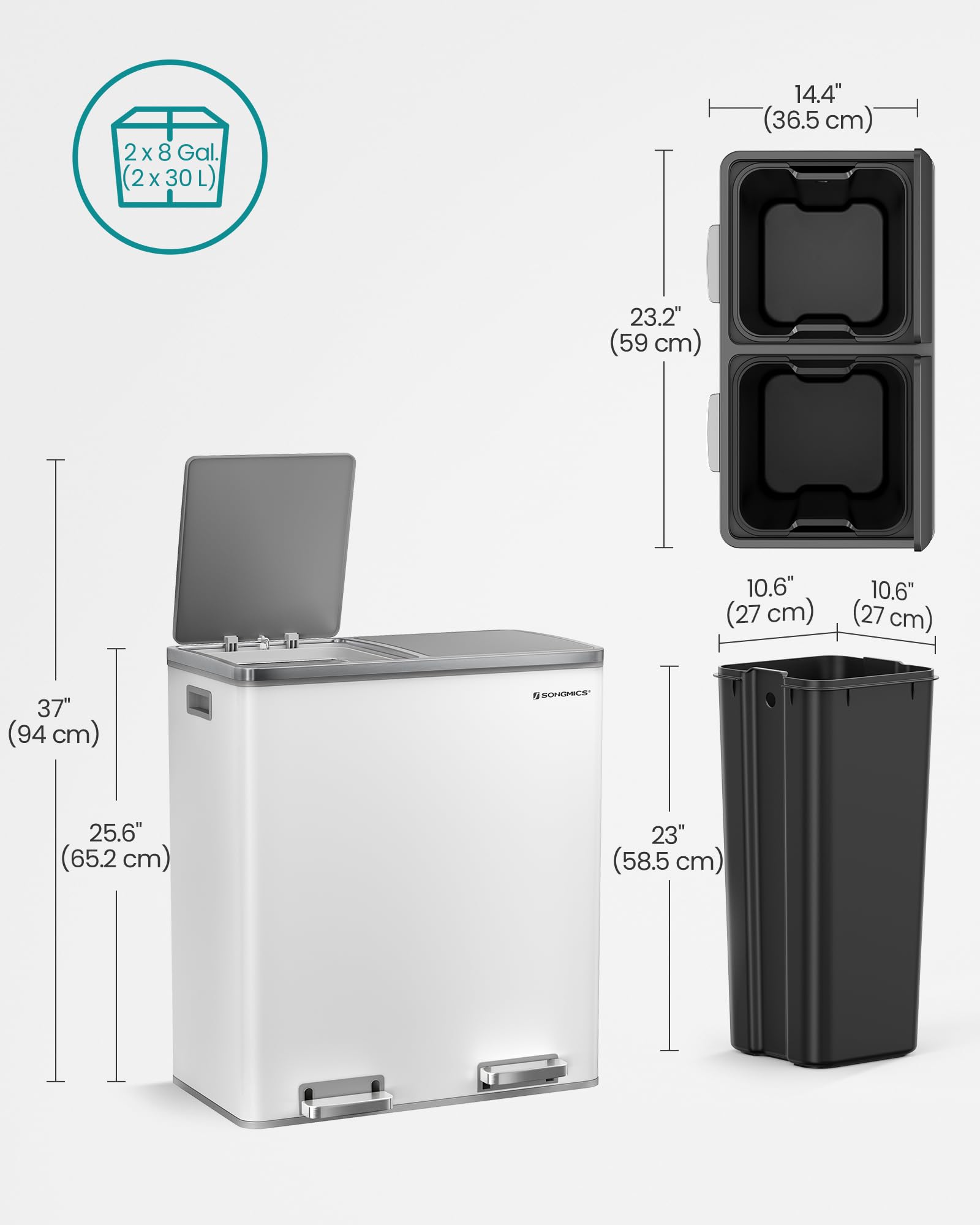 SONGMICS Dual Rubbish Bin - 2 Compartment Recycling Bin with Pedals | 2 x 30 L | White and Grey 5