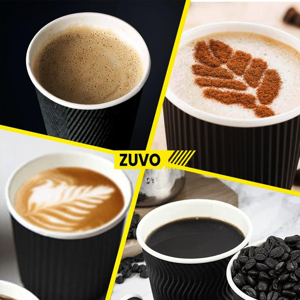 Zuvo Disposable Takeaway Coffee Cups - 12 OZ Black Ripple, 100 Count | Leak Proof | Non-Slip 3