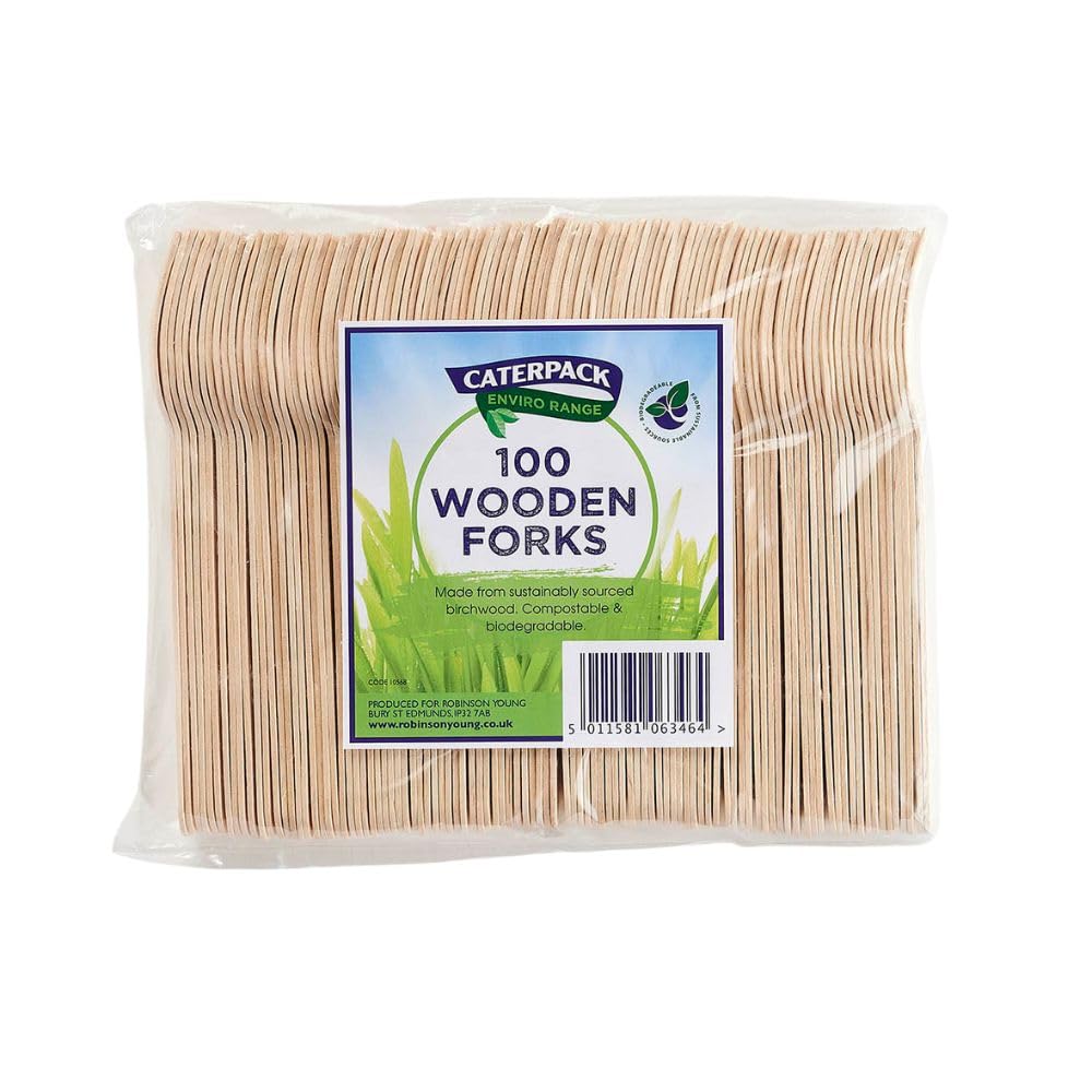 Caterpack Enviro Range Wooden Forks - 100 Pack | 6.25 Inch | Biodegradable & Natural Birchwood