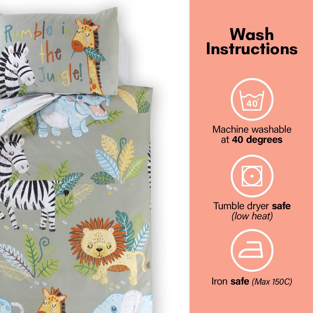 Rapport Home Rumble In The Jungle Kids Duvet Set - Reversible Green Animal Print | Single Size | Polycotton 3