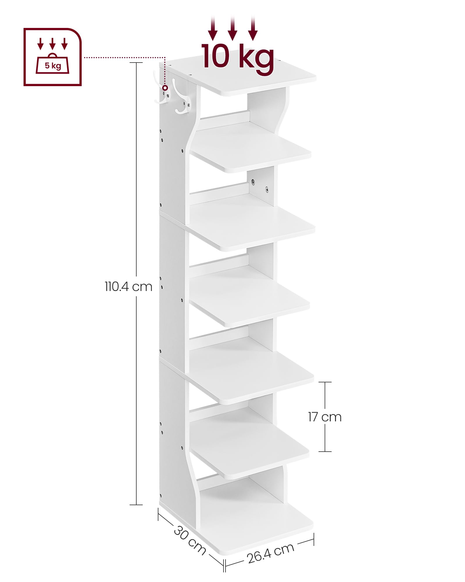 VASAGLE Slim Shoe Rack - 6-Tier Storage | 30cm Wide | 10kg Max Load per Shelf | White 3