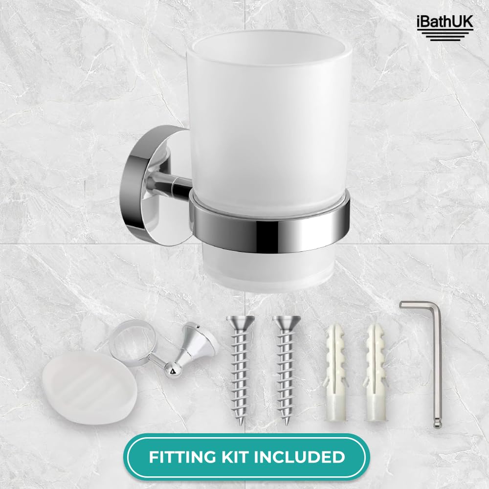iBathUK Modern Chrome Toothbrush Holder Wall Mounted with Glass Tumbler | Easy Install | 1 Year Warranty 7