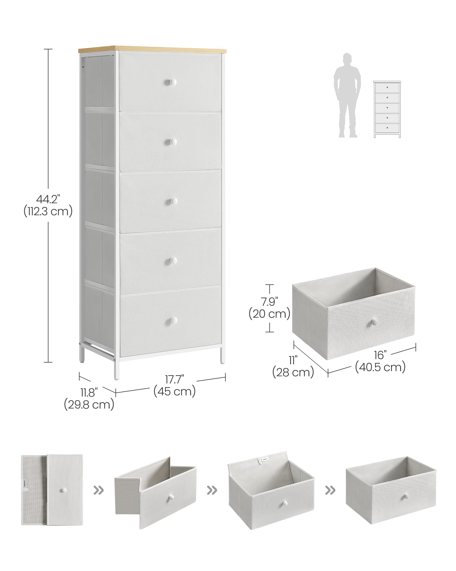 SONGMICS 5-Drawer Chest of Drawers - Tall Slim Storage Unit with Metal Frame | Camel Yellow & Cream White 3