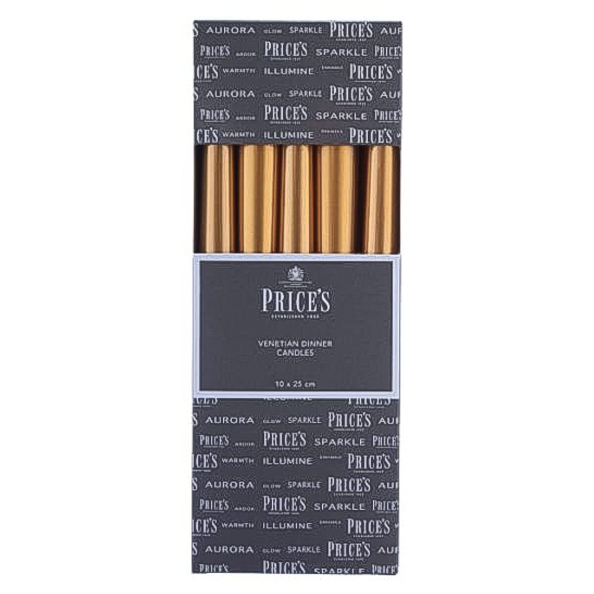 Price's Candles - 10' Venetian Wrapped Dinner Candles - Gold - 10 Pack - 7 Hour Burn Time