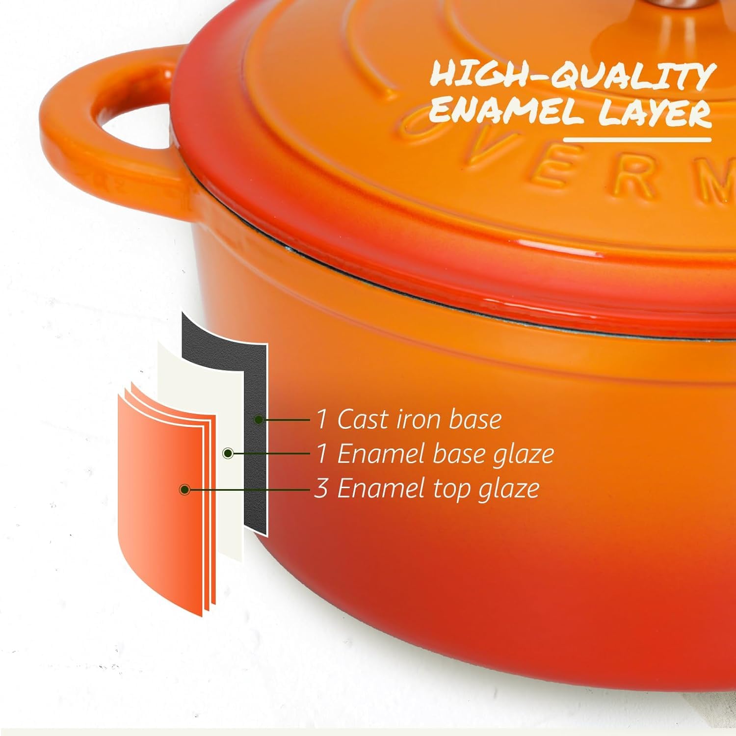 OVERMONT 26cm/5.2L Enamelled Cast Iron Round Casserole Pot with Lid | Pumpkin Color | 5.5 Quart 6