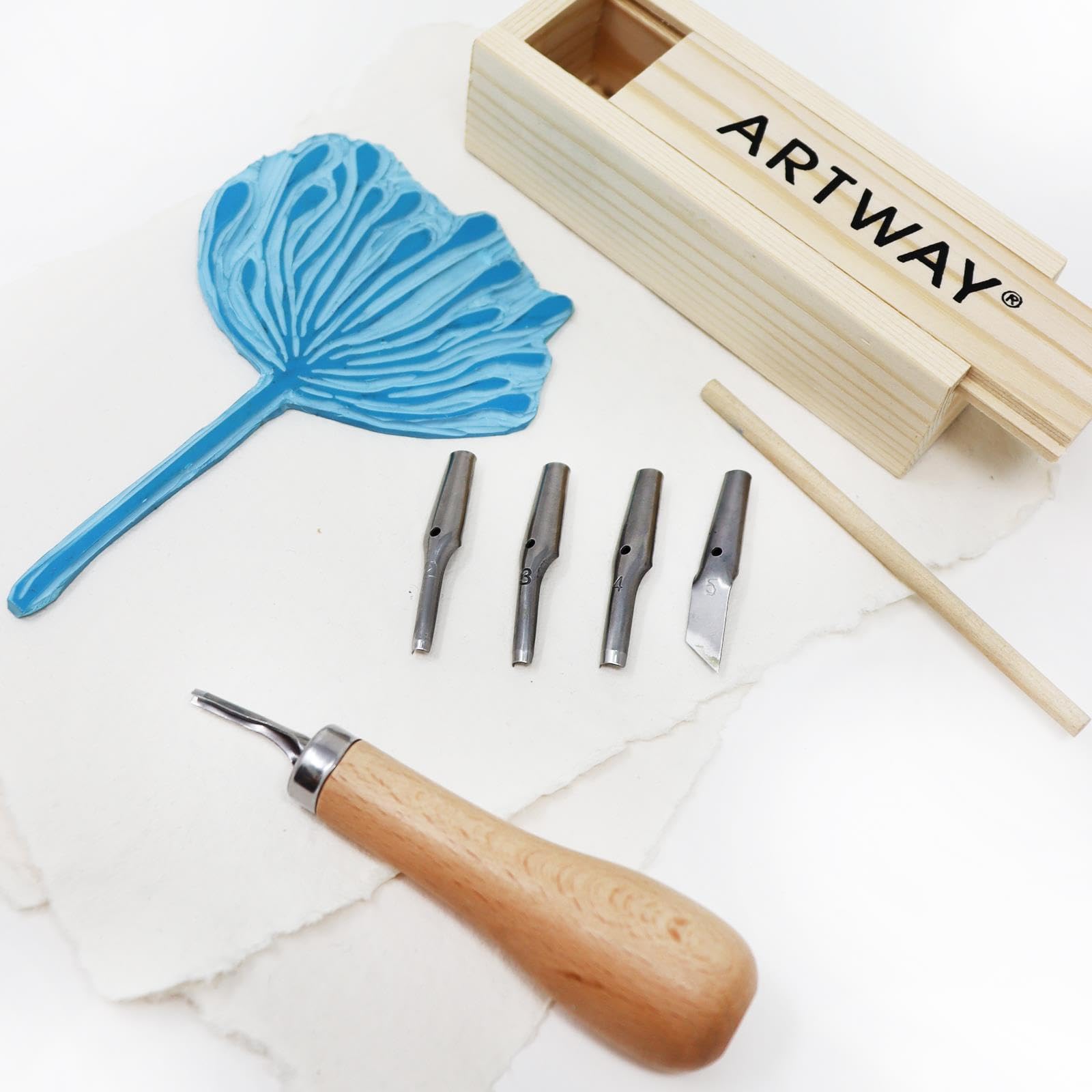 Artway Lino Cutting Tools Set - 5 Assorted Steel Nibs & Beechwood Handle for Relief Printmaking 5