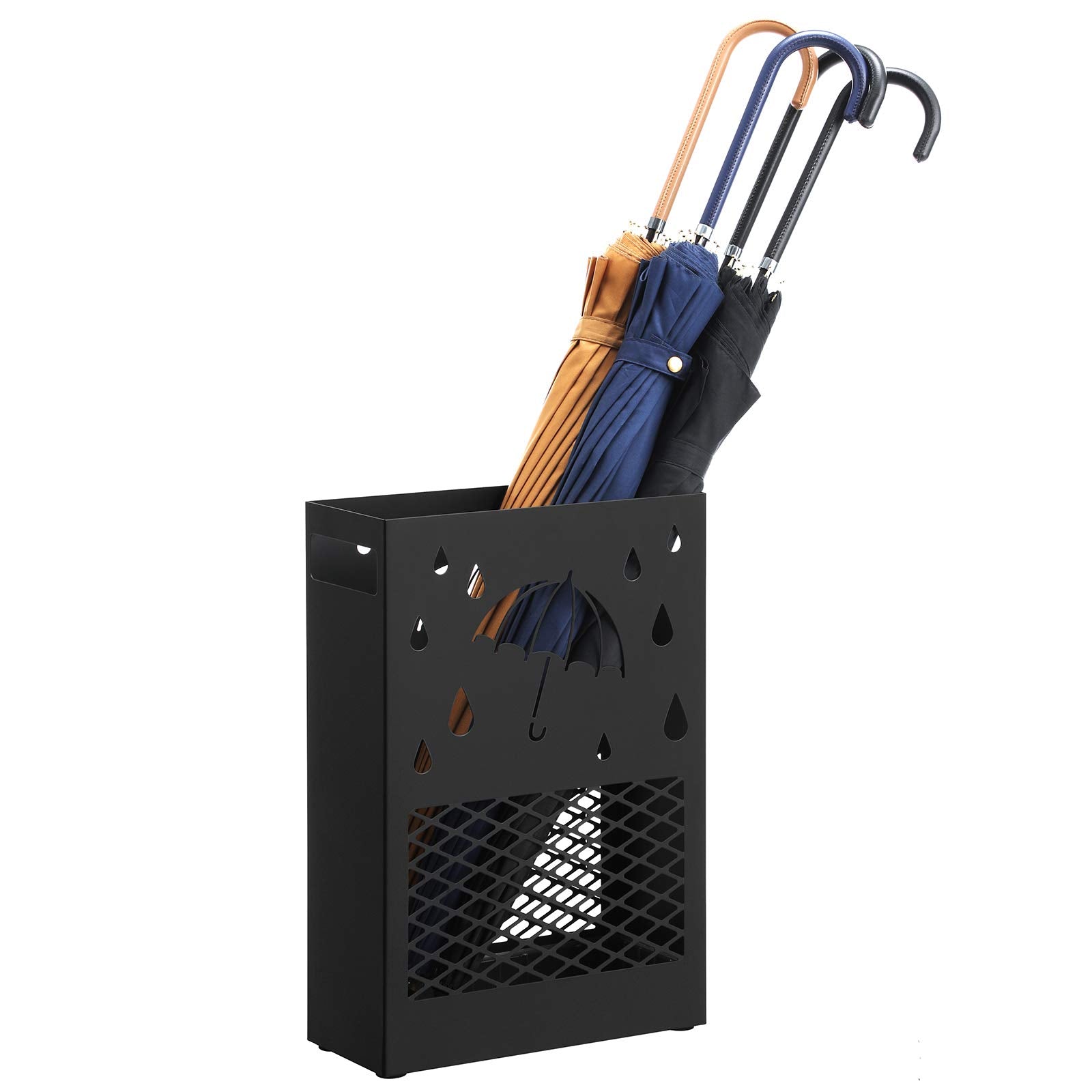 SONGMICS Metal Umbrella Stand - Rectangular Holder with 4 Hooks & Removable Drip Tray | Black 2