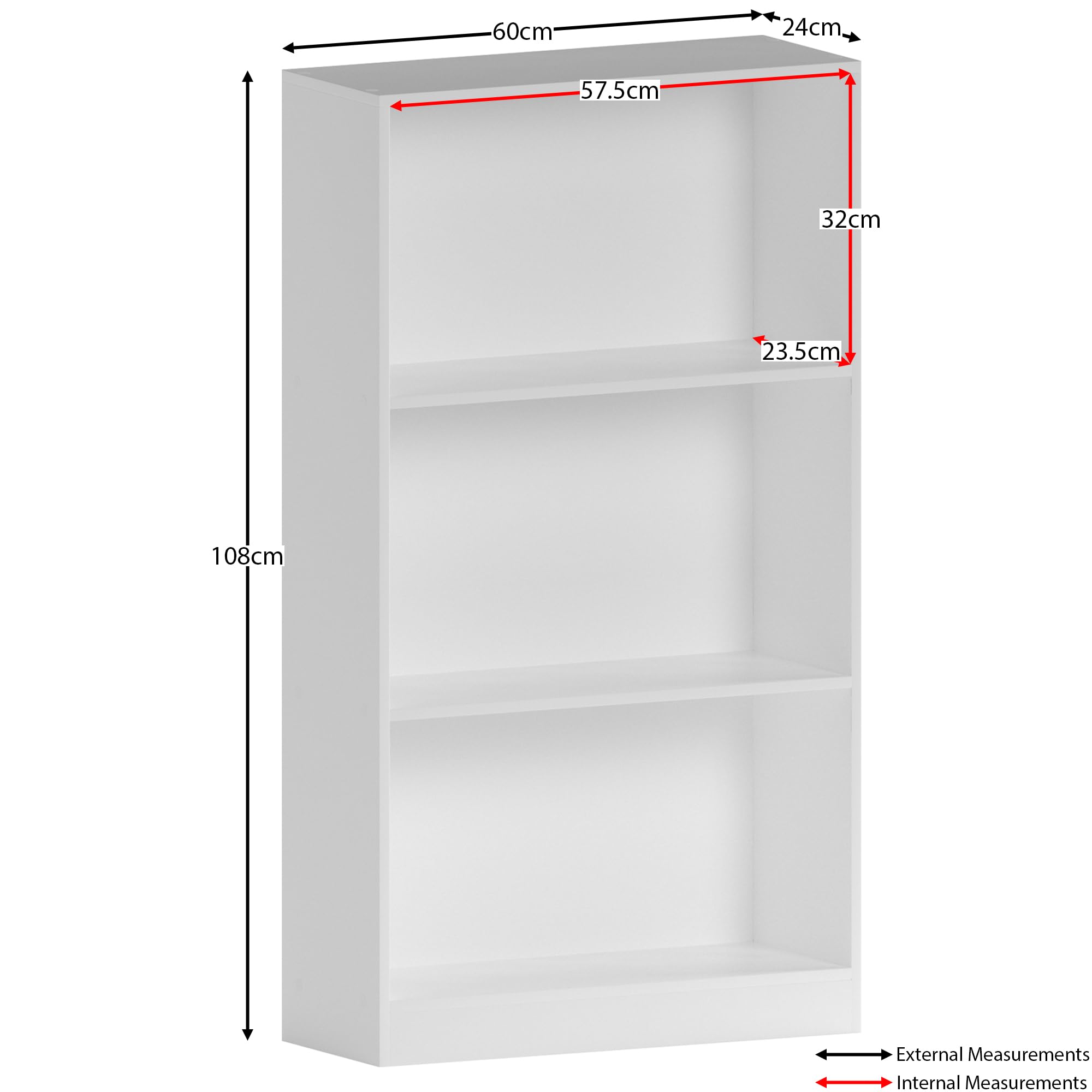 Vida Designs Cambridge 3 Tier Medium Bookcase - White Wood Shelving | H 108 x W 60 cm 3