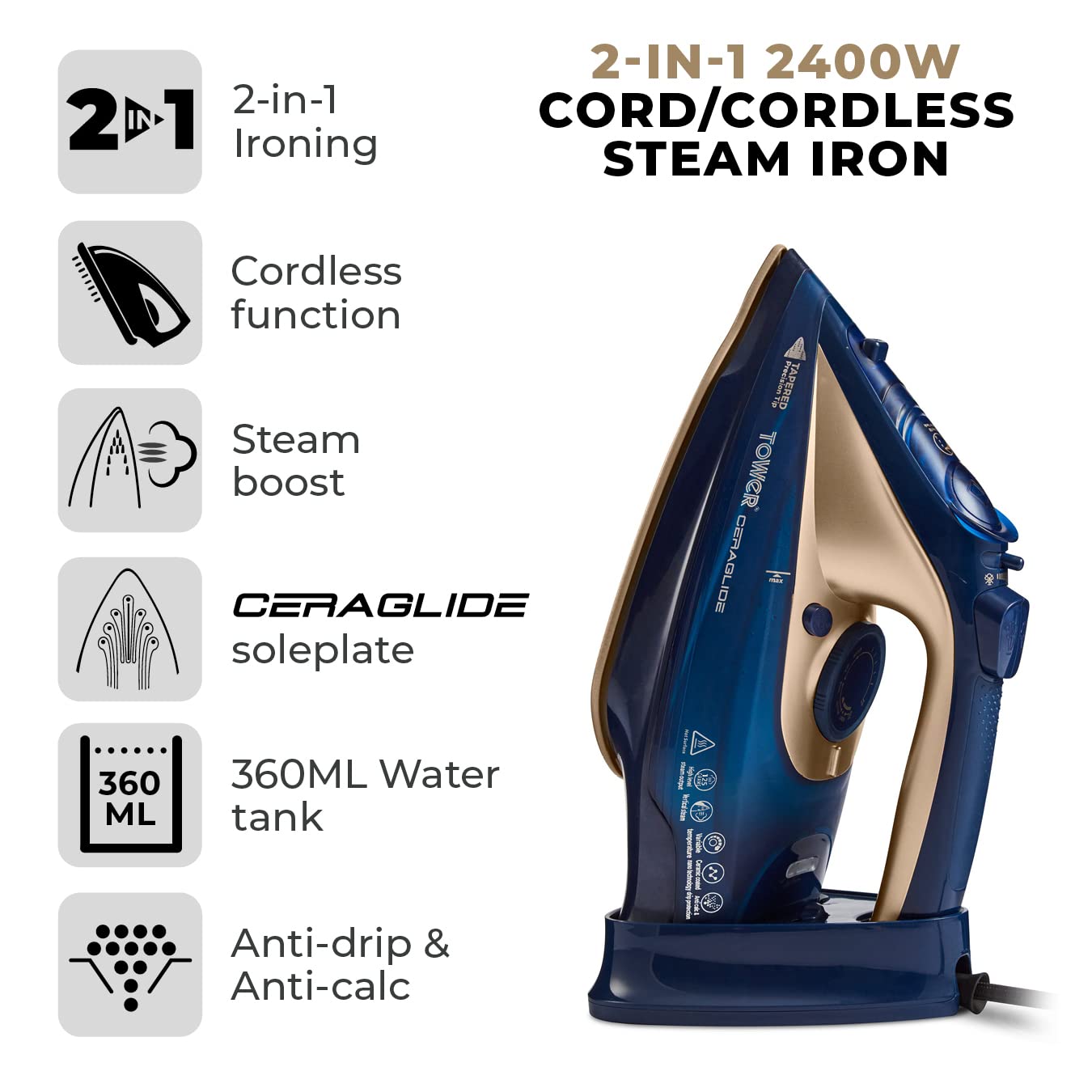Tower T22008BLG CeraGlide Cordless Steam Iron with Ceramic Soleplate | 2400W | 360ml Tank 2