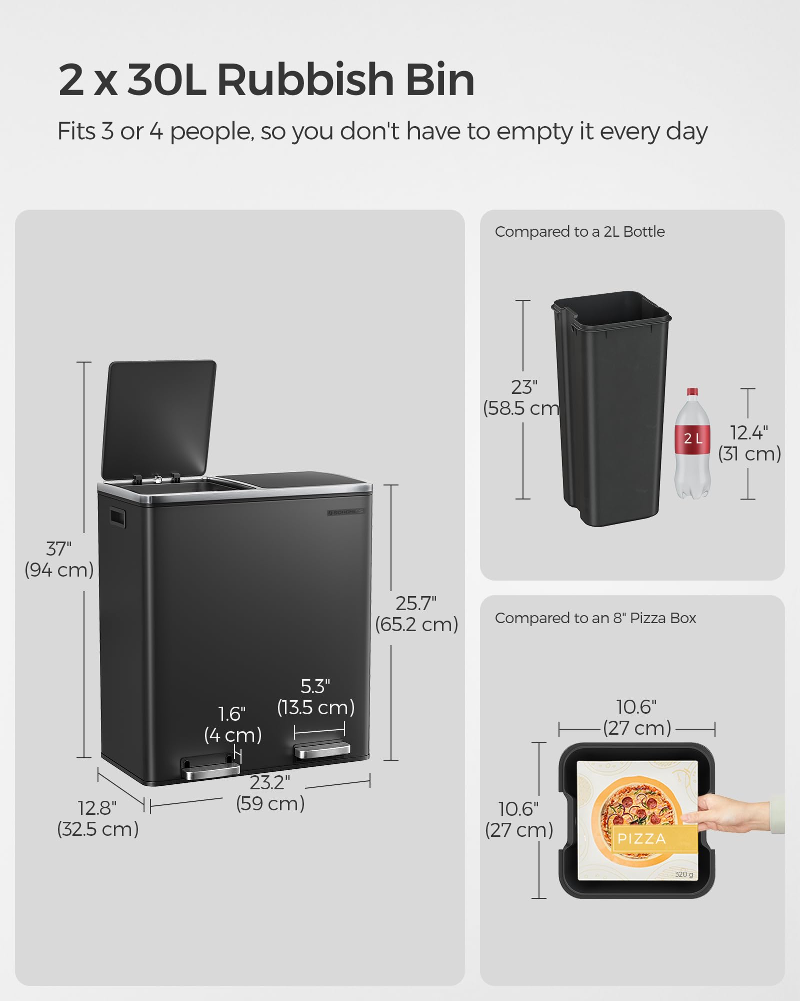 SONGMICS Dual Rubbish Bin - 2 Compartment Recycling Bin with Pedals | 2 x 30 L | Black LTB60BK 5