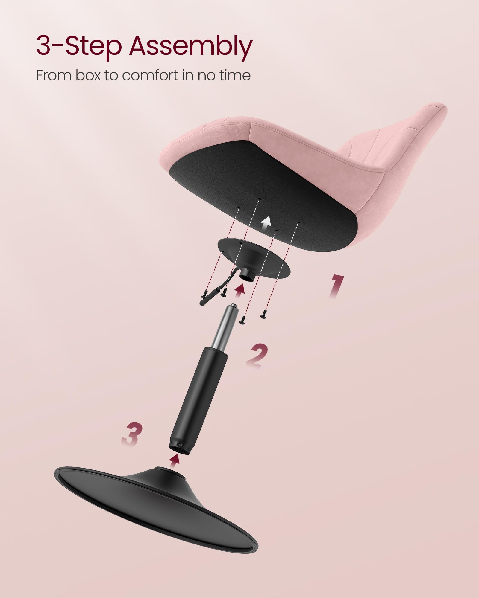 VASAGLE Height Adjustable Swivel Bar Stool with Backrest in Jelly Pink Velvet | 37.5-49.5 cm Height Range 8