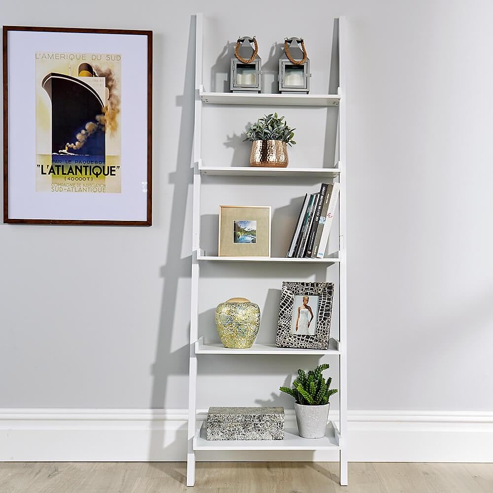 Home Source Modern 5 Tier Ladder Bookcase Shelving Unit | White Engineered Wood | Space Saving 5