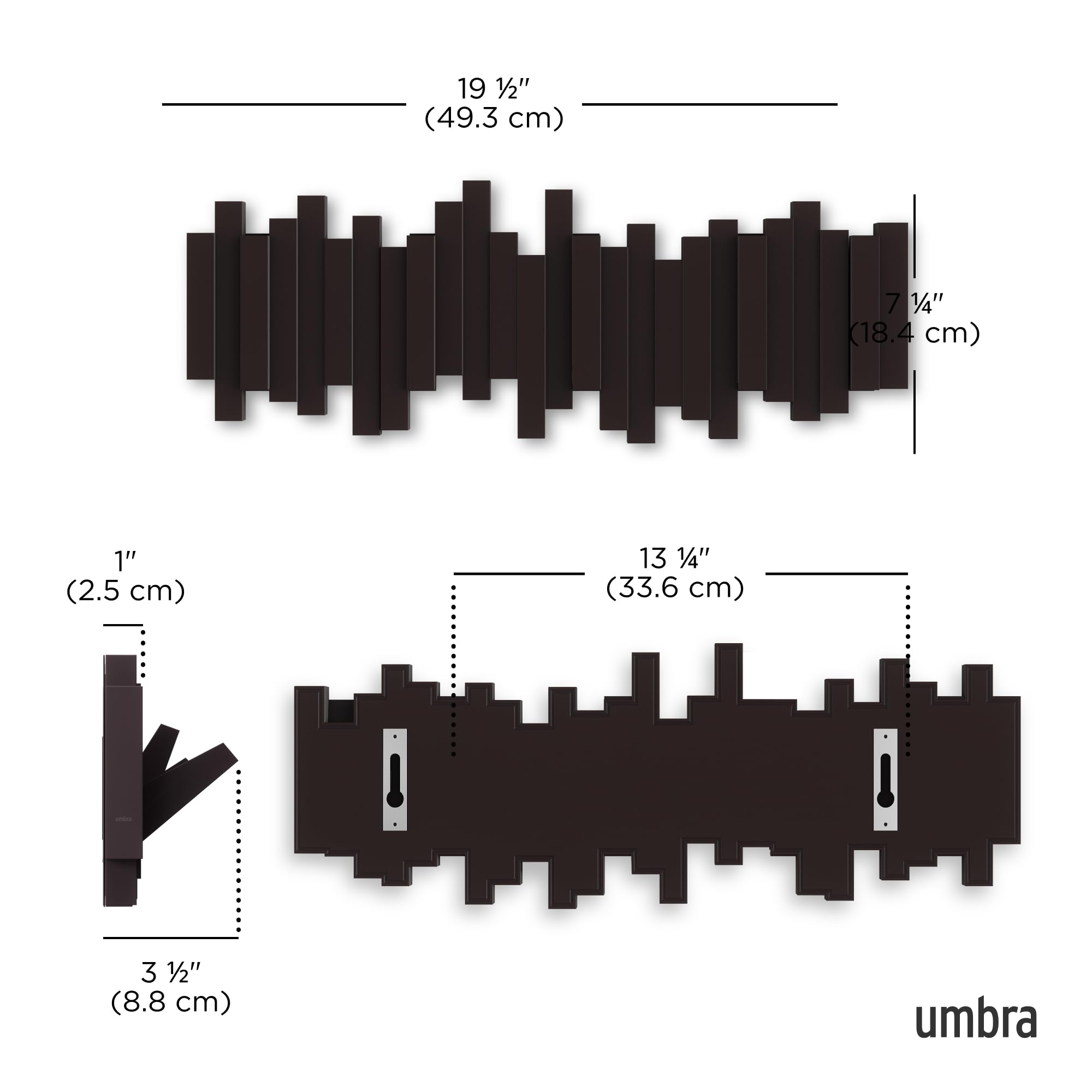 Umbra Sticks Wall-Mounted Coat Rack Rail Hook - 5 Retractable Pegs | Espresso Plastic | Modern Design 3